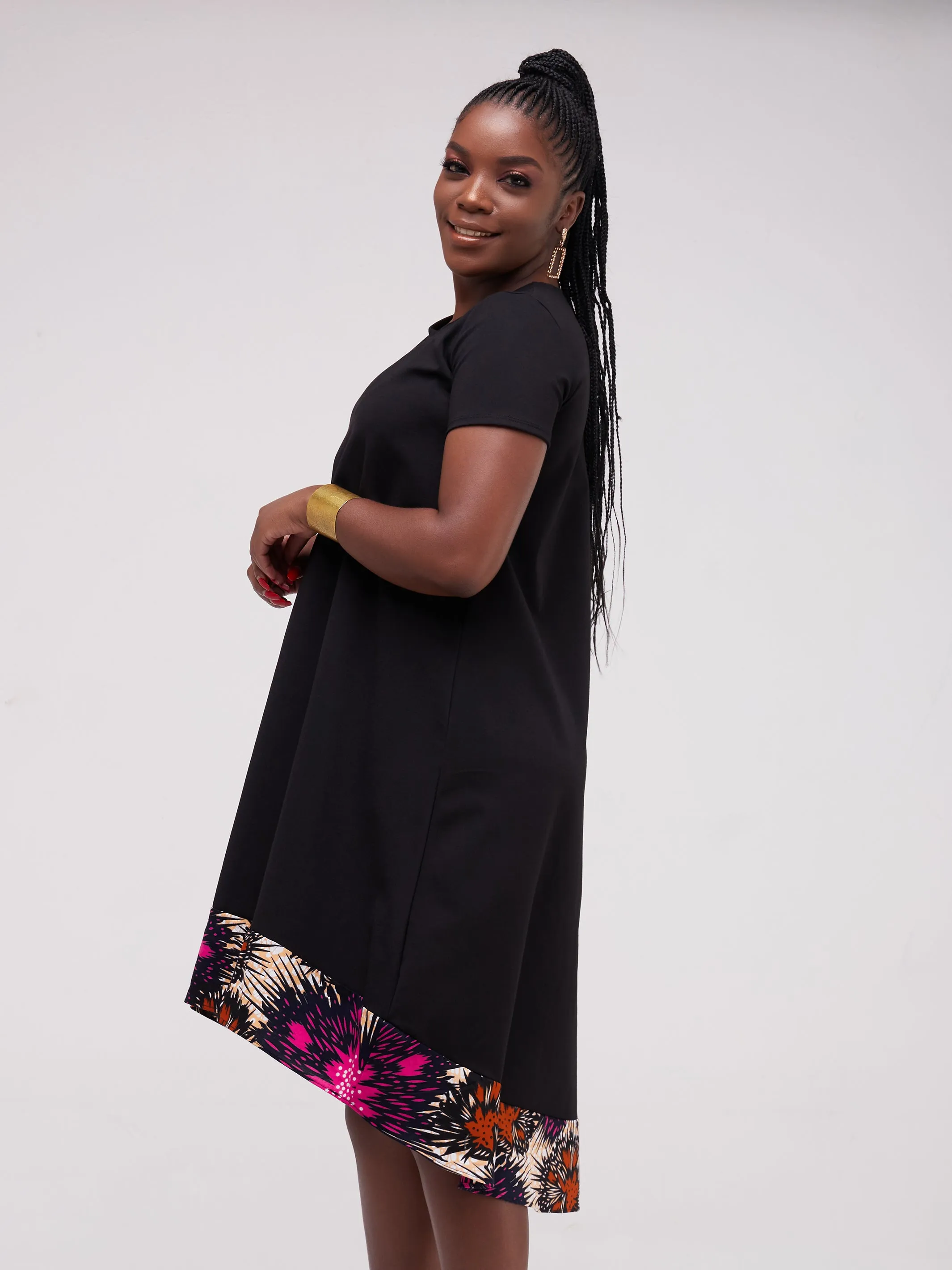 Vivo Mali High Low Dress - Black / Pink Print