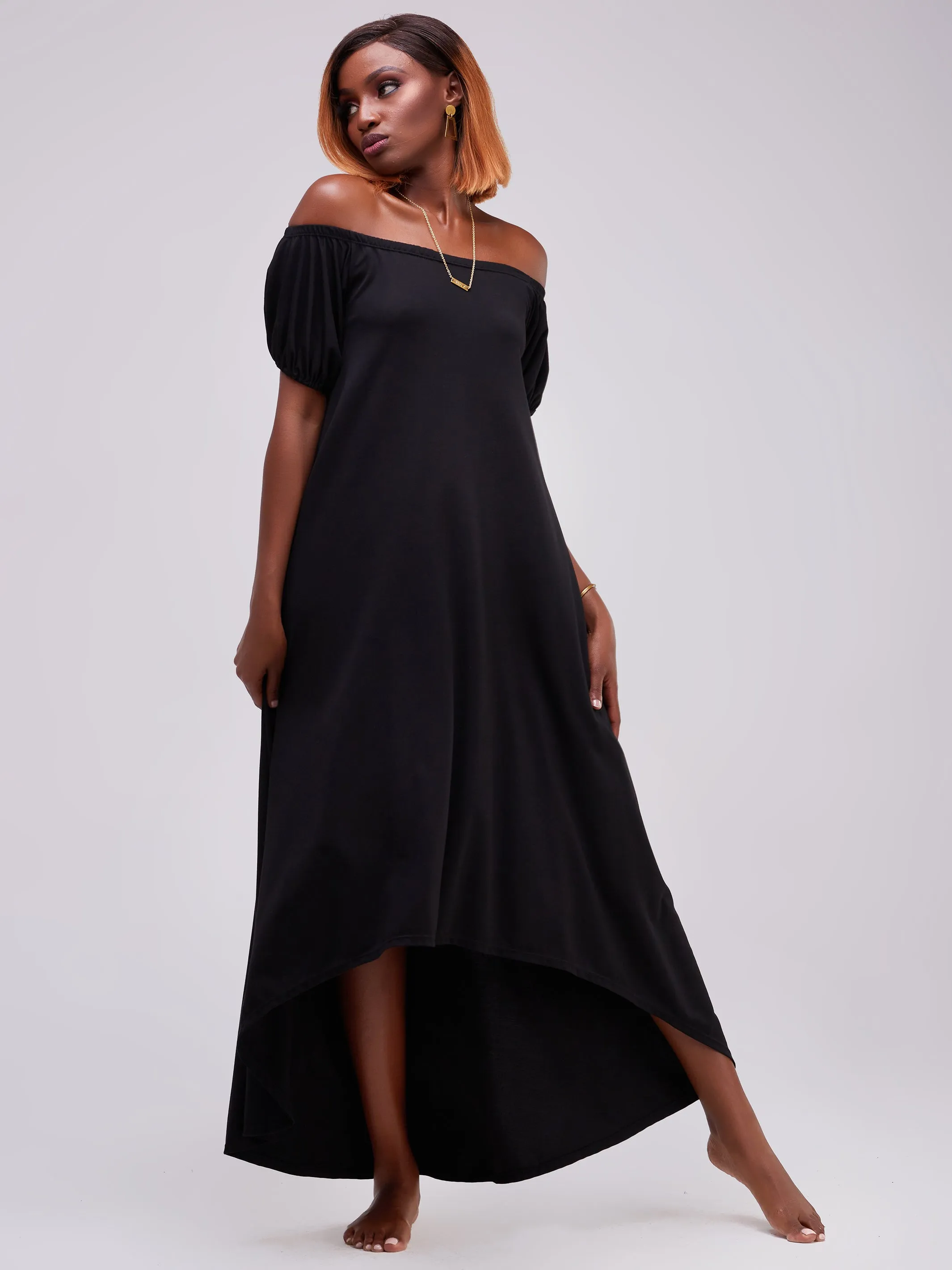 Vivo Zari Puff Sleeve High Low Dress - Black