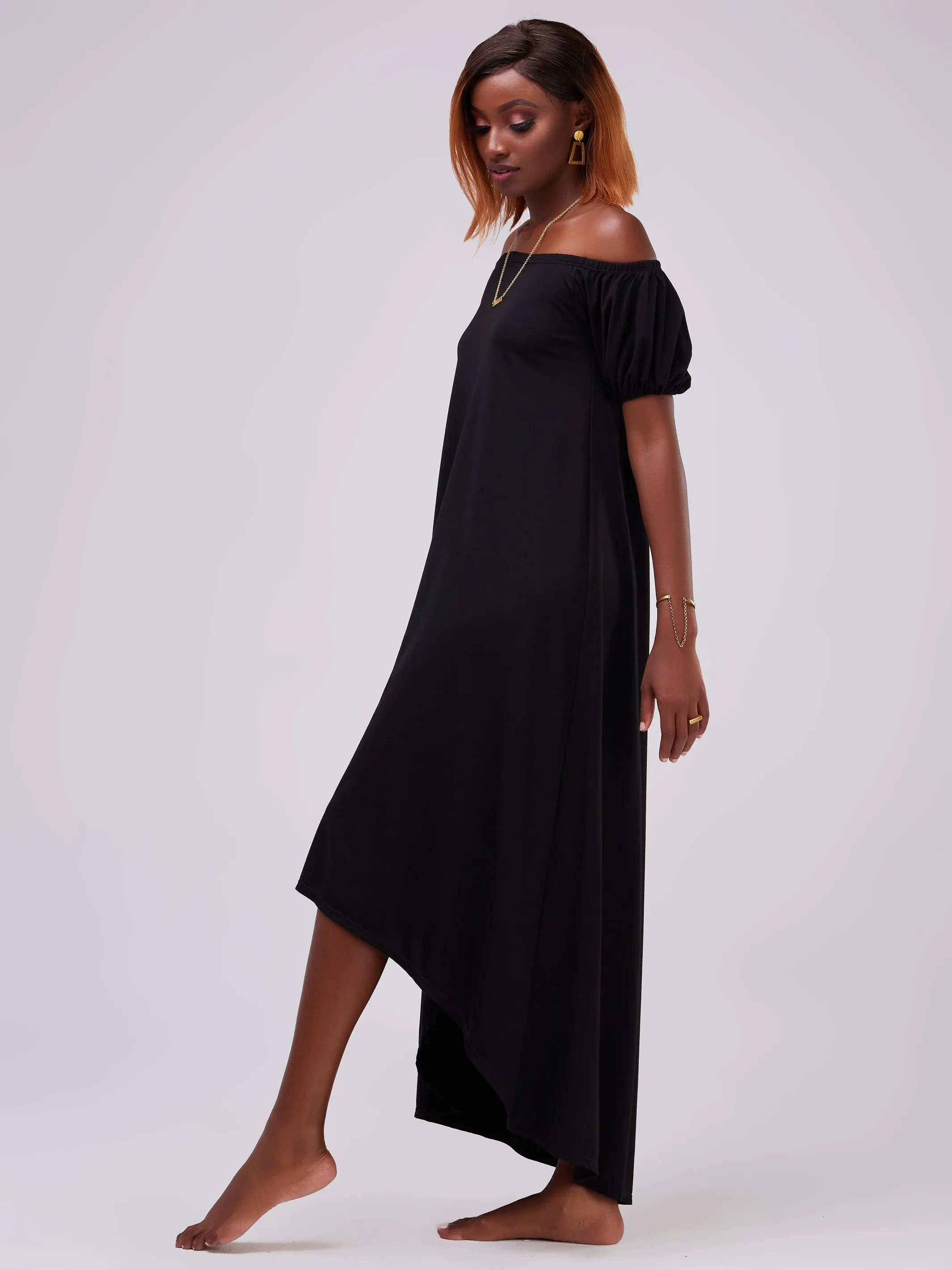 Vivo Zari Puff Sleeve High Low Dress - Black
