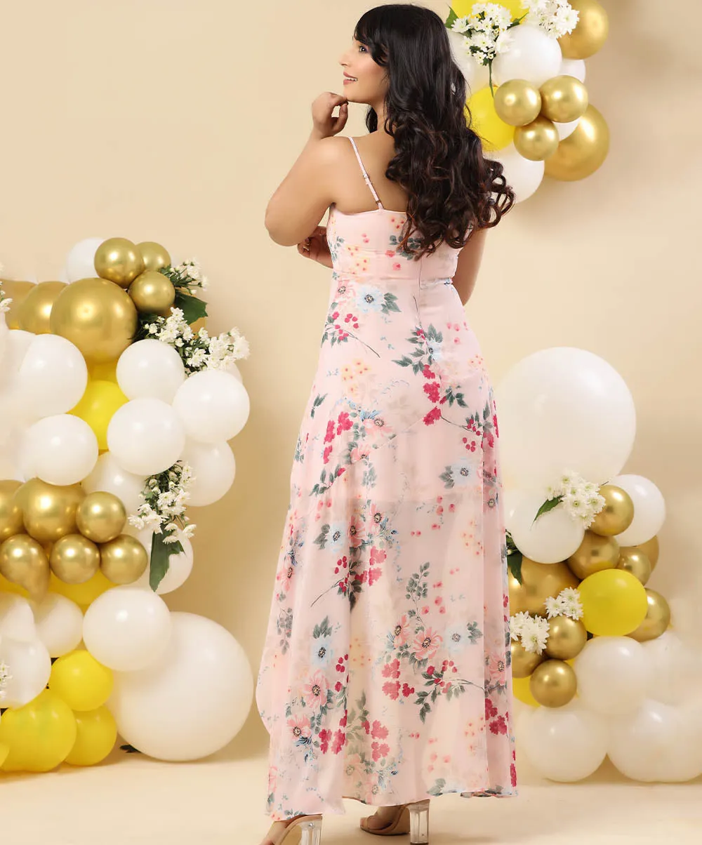 Vneck High Low Strappy Printed Maxi