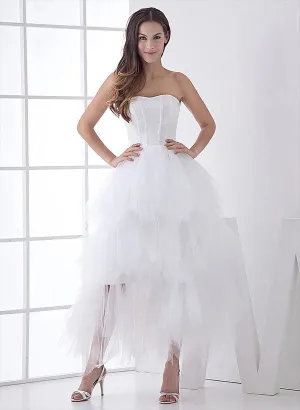 White Classic Strapless Satin High Low Wedding Dress