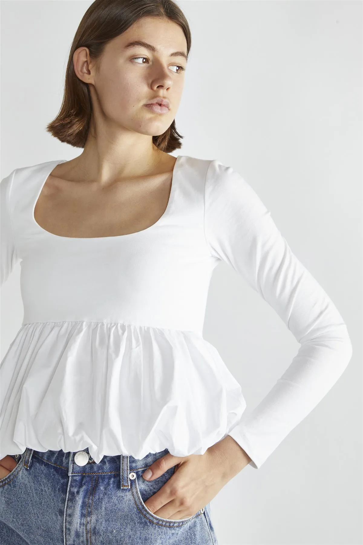White Square-Neck Puff-Peplum Top