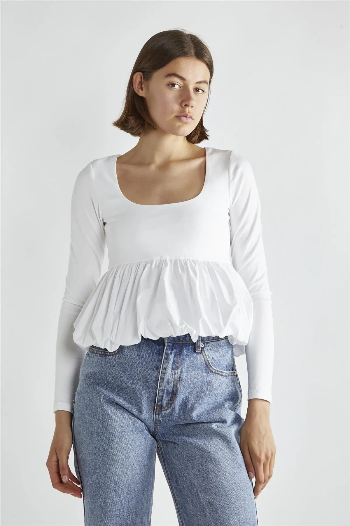 White Square-Neck Puff-Peplum Top