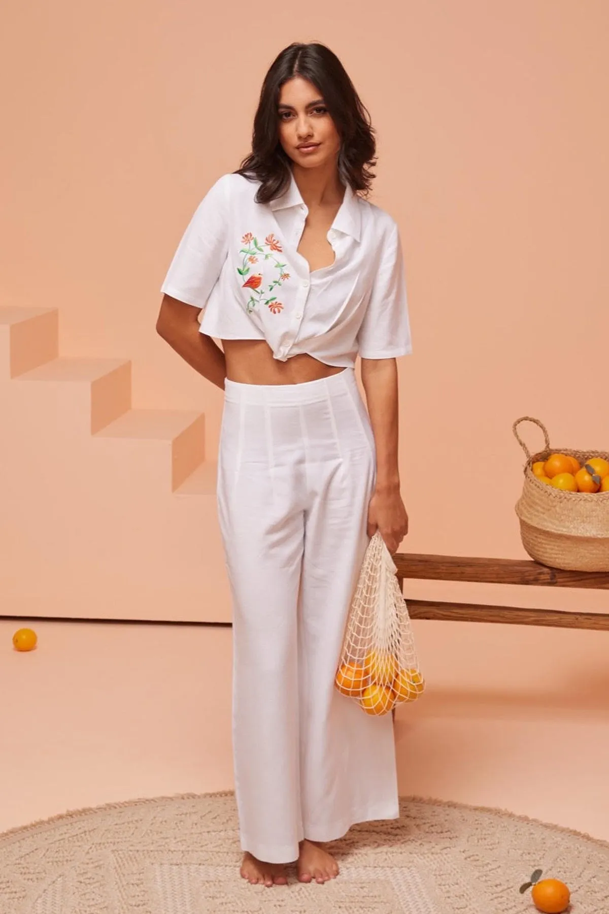 White Wide-Leg Pleated Pants