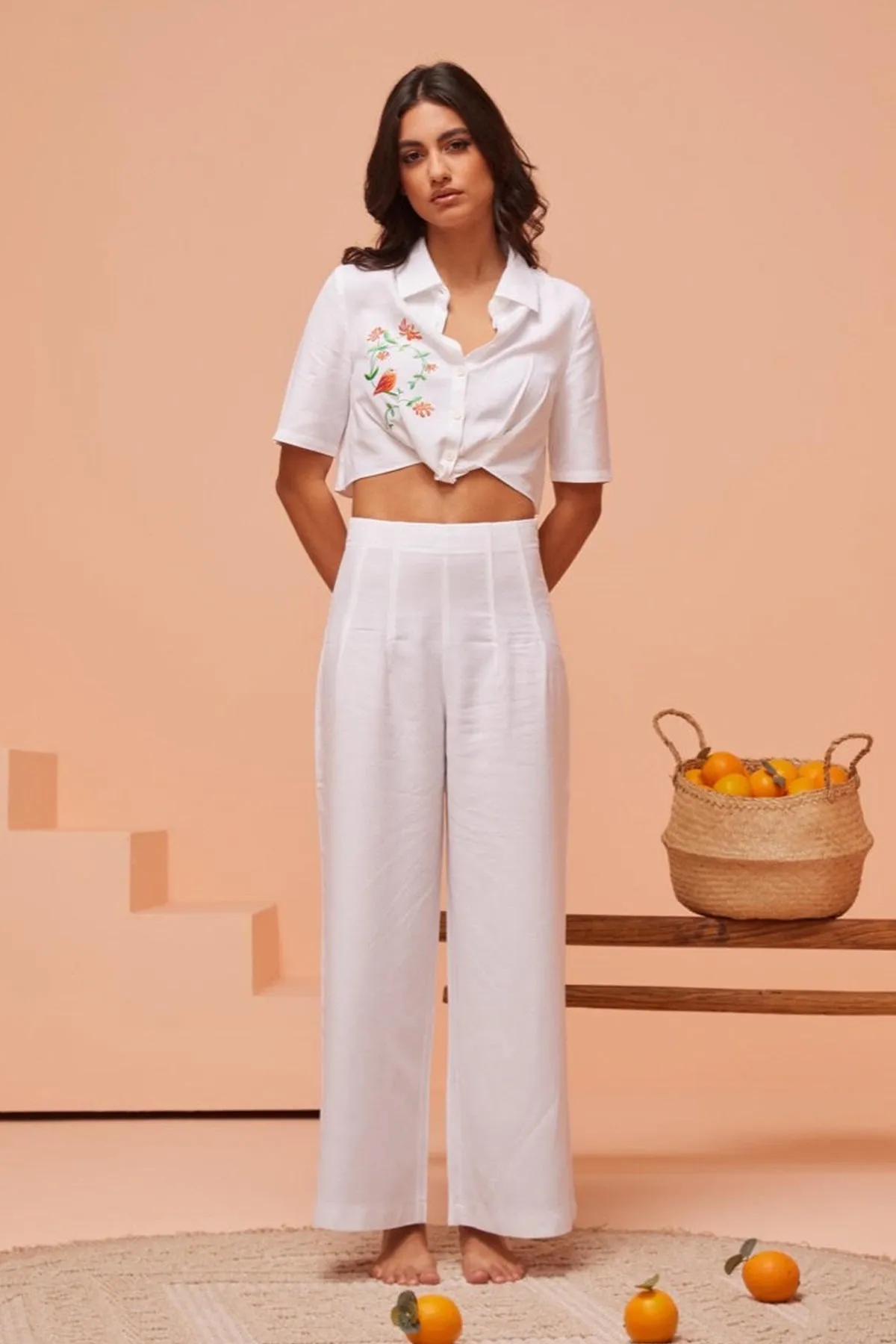 White Wide-Leg Pleated Pants