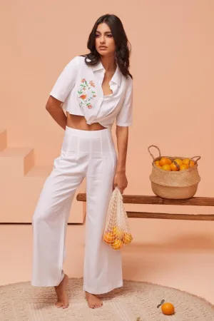 White Wide-Leg Pleated Pants