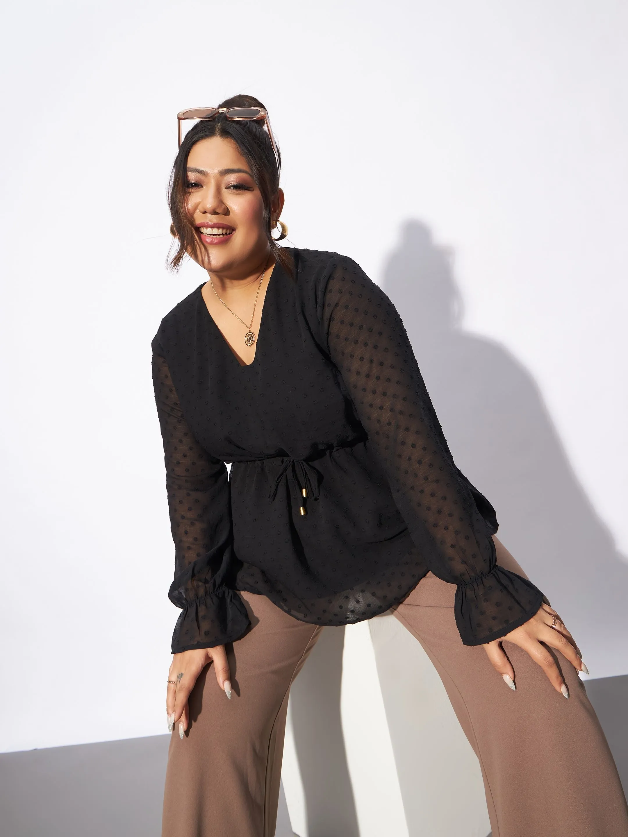 Women Black Dobby Peplum Top