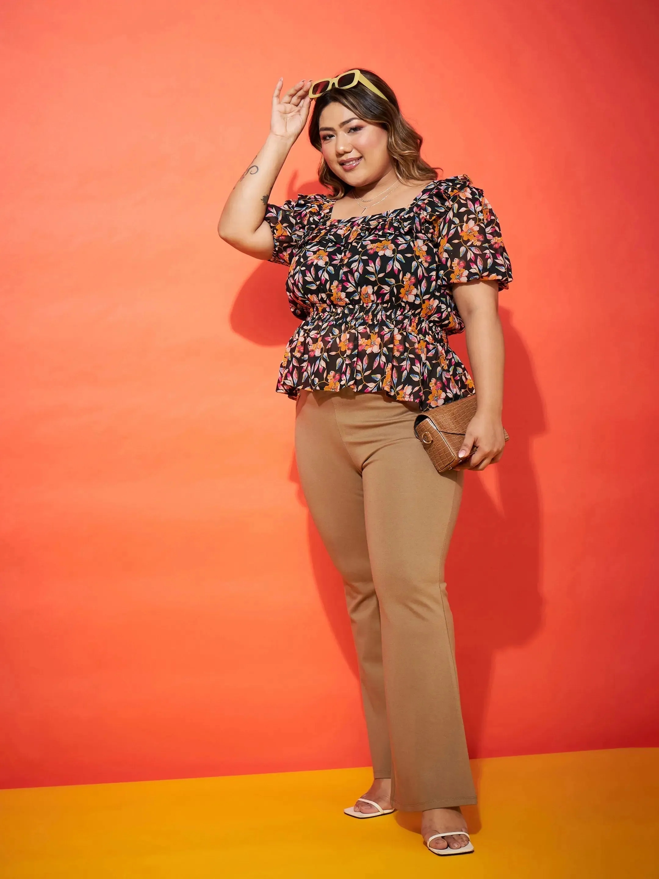 Women Black Floral Frill Peplum Top