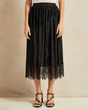 Women Black Pleated Lace Skirt