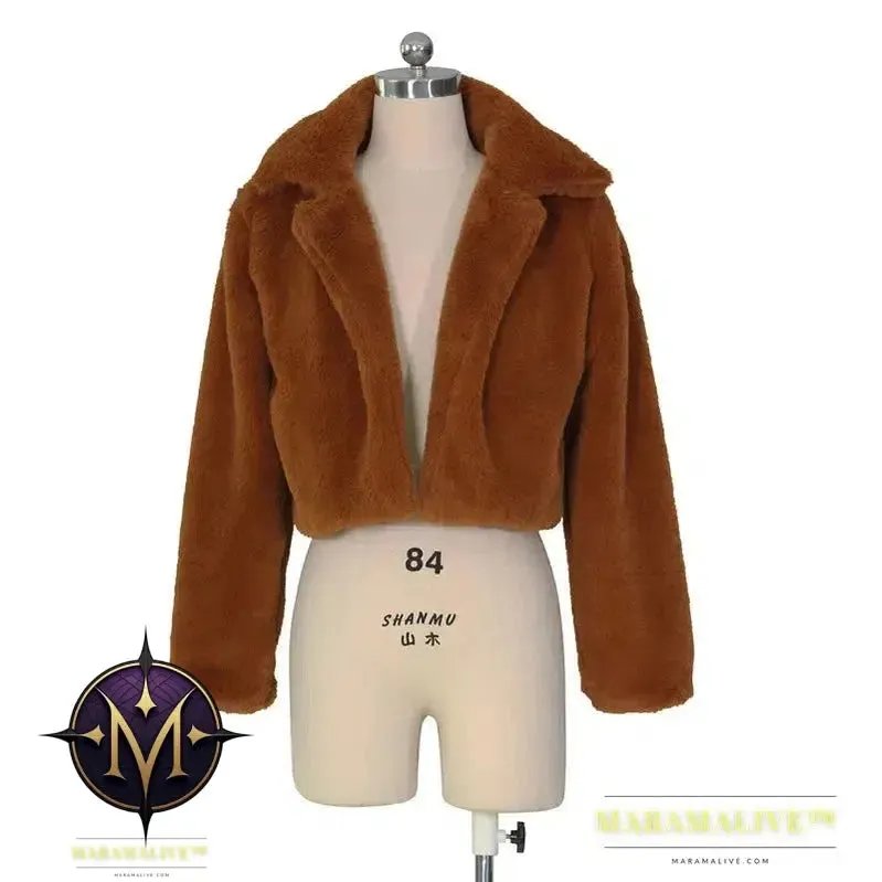 Women Faux Fur Coats Long Sleeve Furry Cropped Jacket Open Stitch Fluffy Overcoat Casual Outdoor Wear
