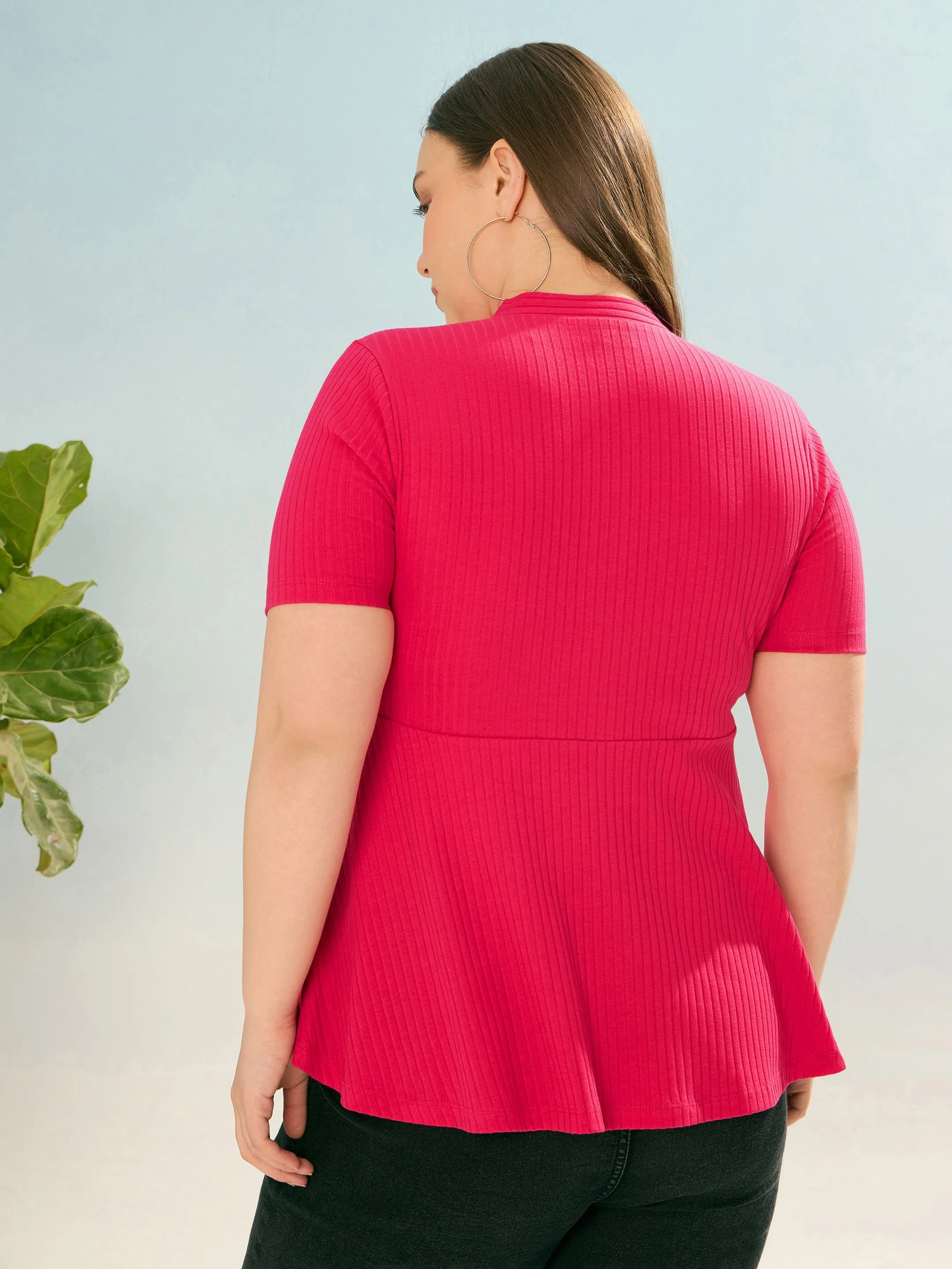 Women Fuchsia Rib V Neck Peplum Top