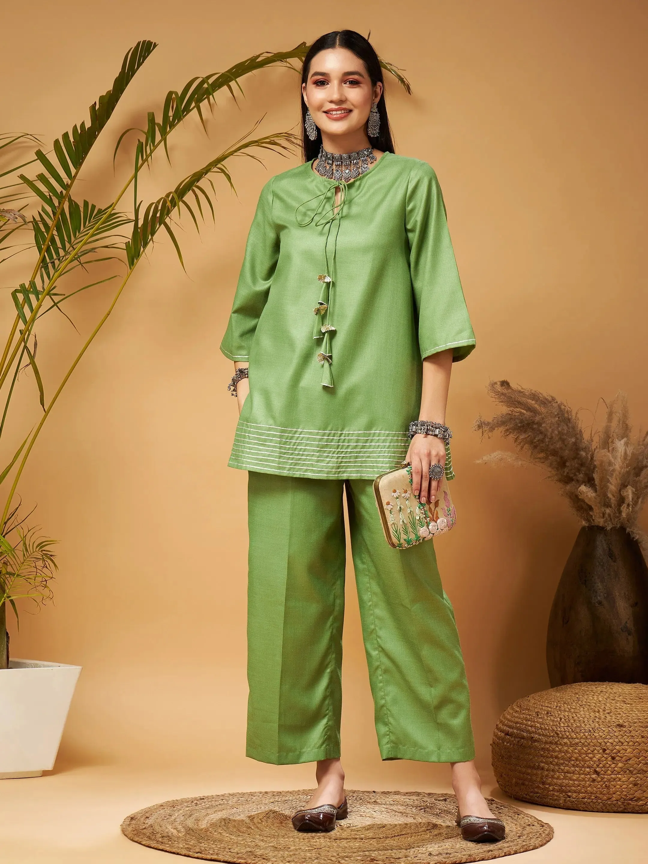 Women Green Peplum Gota Lace Top With Palazzos