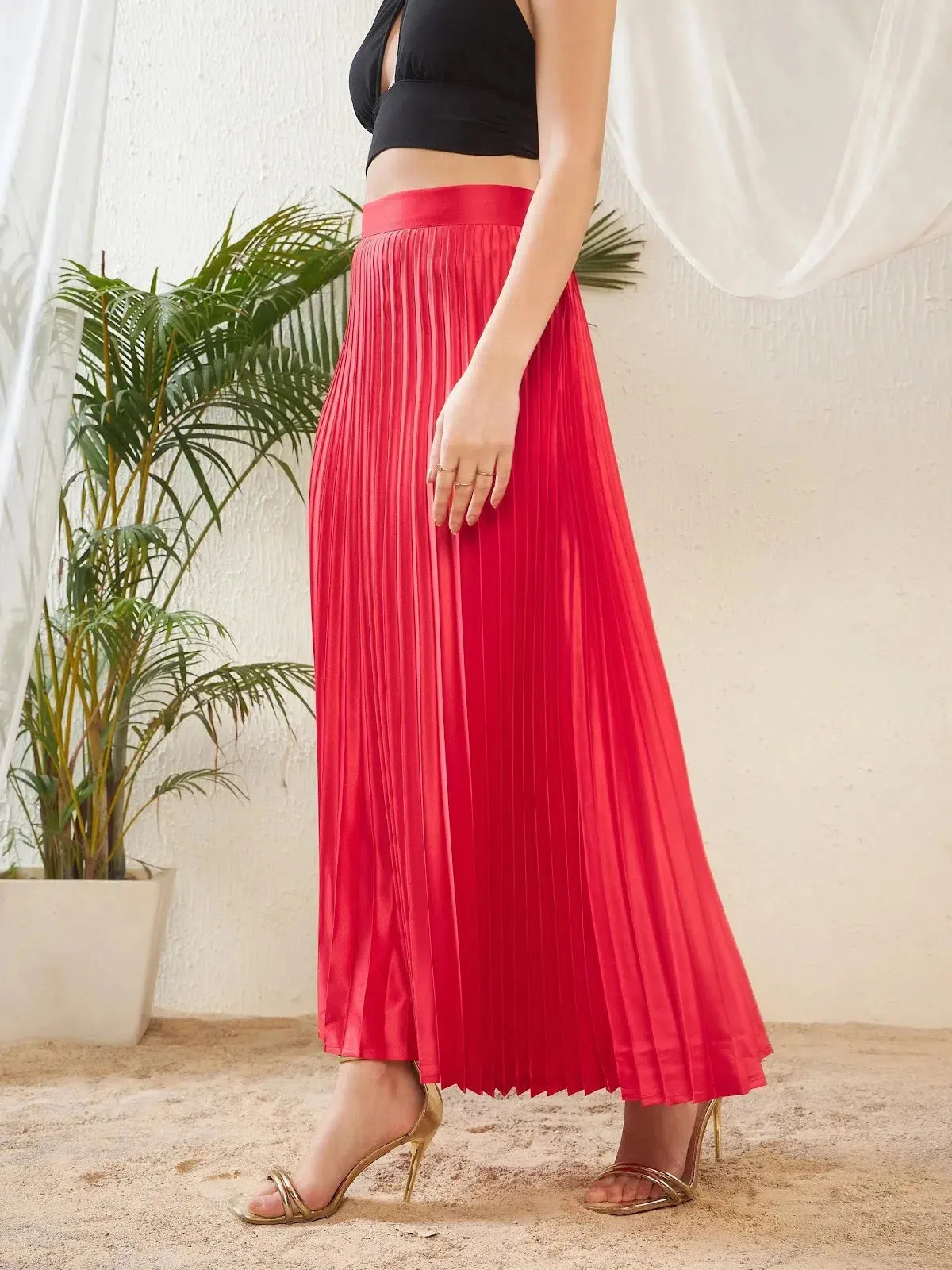 Women Red Satin Accordion Pleated Maxi Skirt