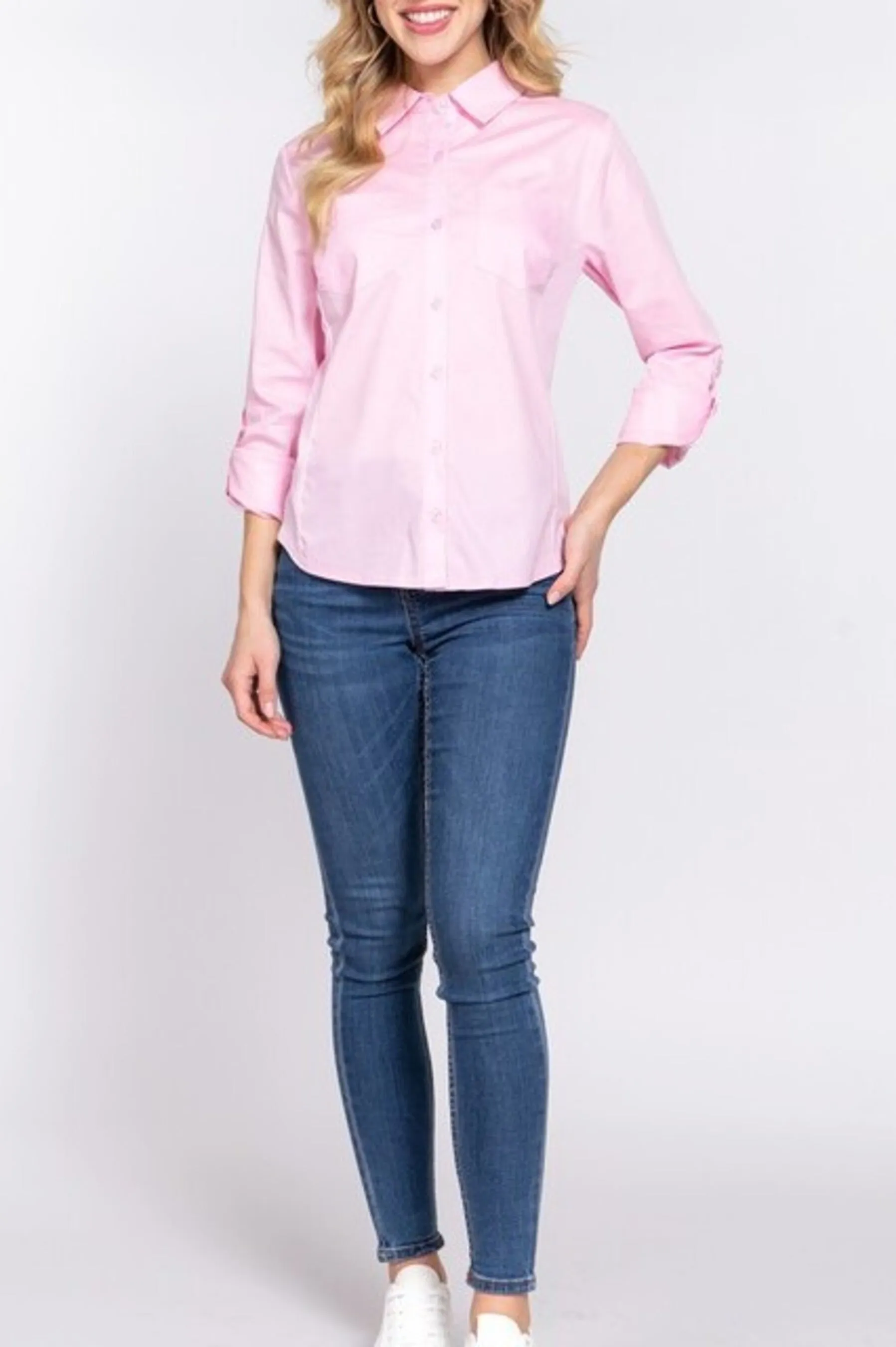 Women's 3/4 Roll up sleeve side rib panel stretch shirt