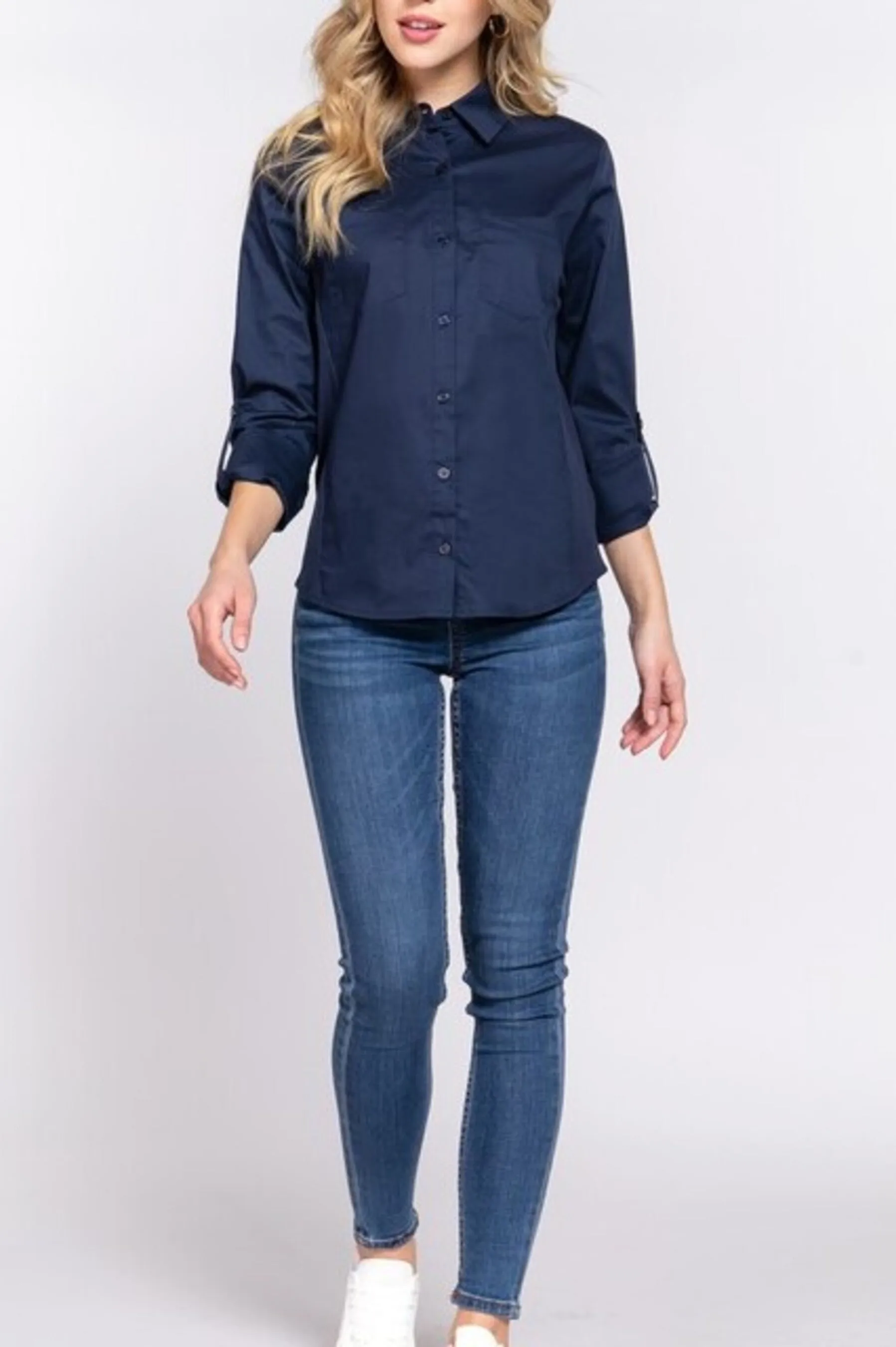 Women's 3/4 Roll up sleeve side rib panel stretch shirt