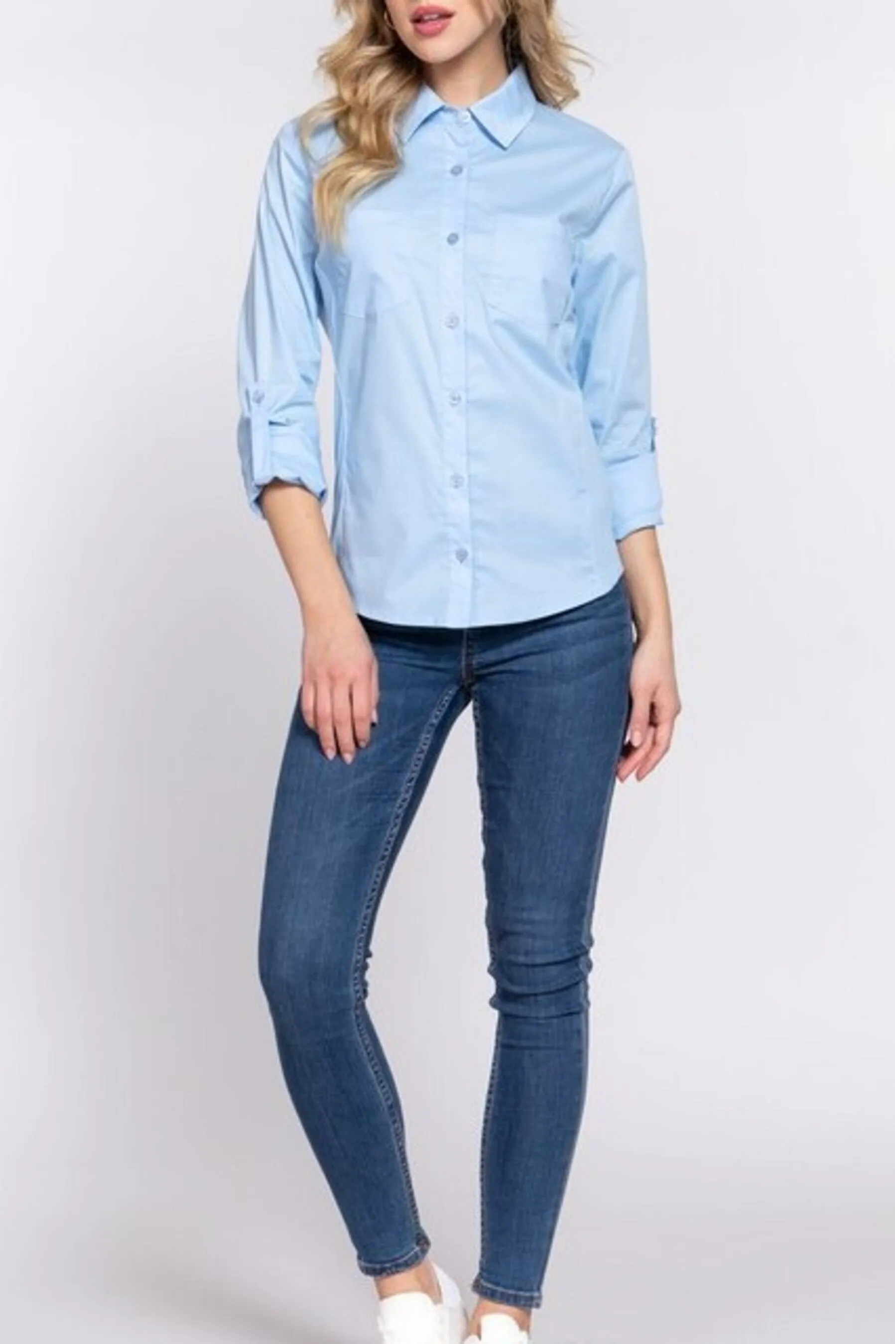 Women's 3/4 Roll up sleeve side rib panel stretch shirt