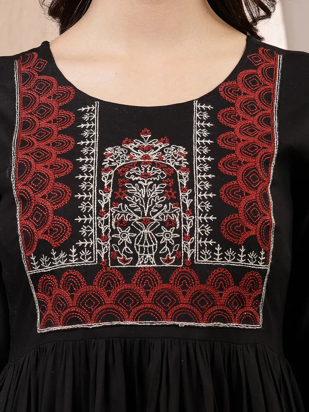 Women's Black Solid & Embroidered Rayon Peplum Top-TOPBLACKTIMMI