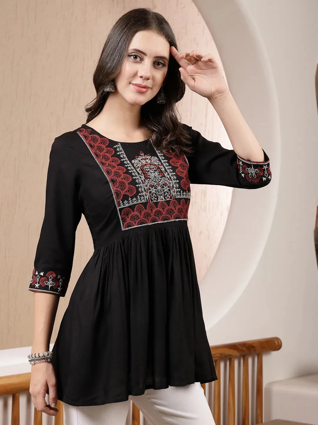 Women's Black Solid & Embroidered Rayon Peplum Top-TOPBLACKTIMMI