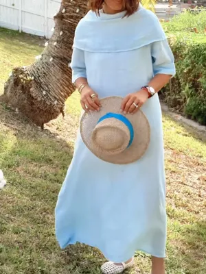 Women's Cotton and Linen Pocket Dress with Draped Neck