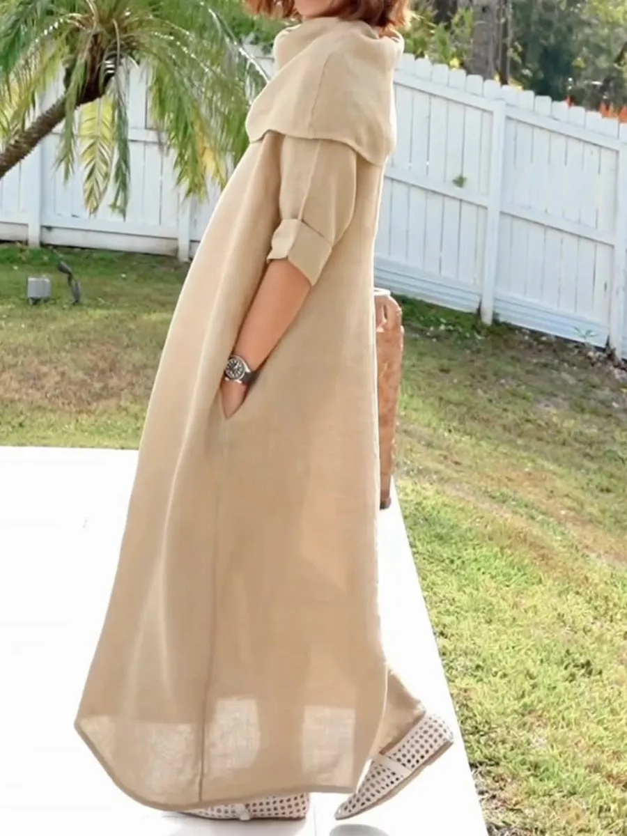 Women's Cotton and Linen Pocket Dress with Draped Neck