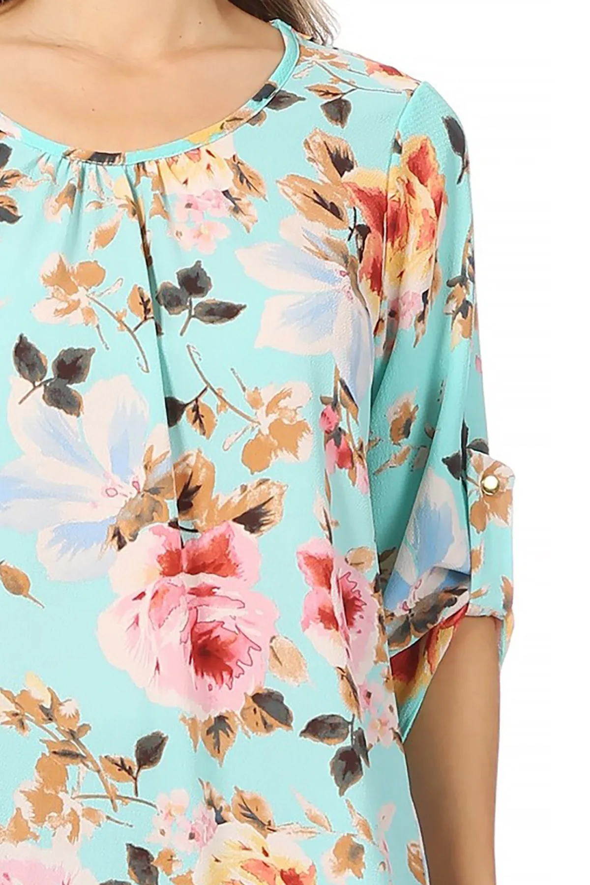 Women's Elegant Floral Print Tunic Casual Round Neck Roll Tab Sleeve Blouse Top