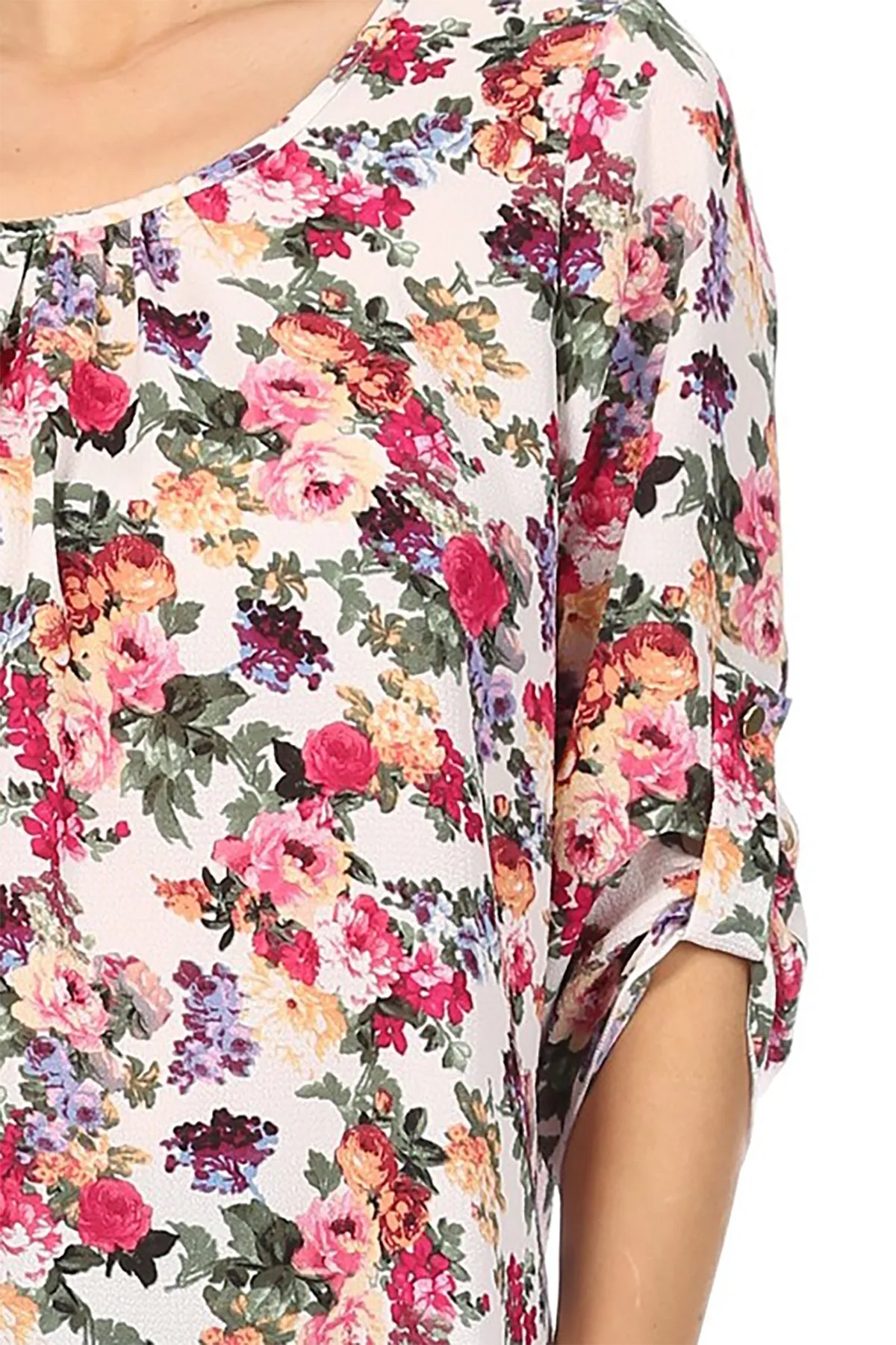 Women's Elegant Floral Print Tunic Casual Round Neck Roll Tab Sleeve Blouse Top