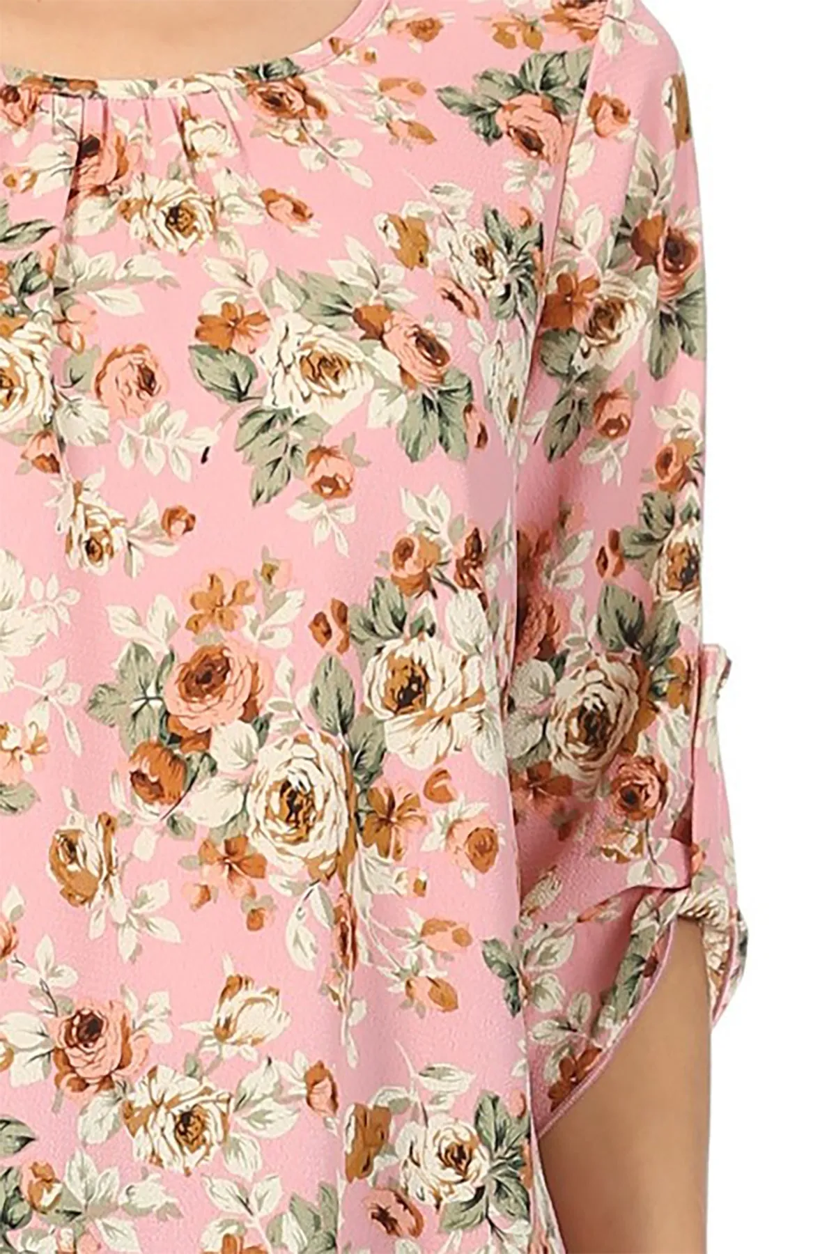 Women's Elegant Floral Print Tunic Casual Round Neck Roll Tab Sleeve Blouse Top