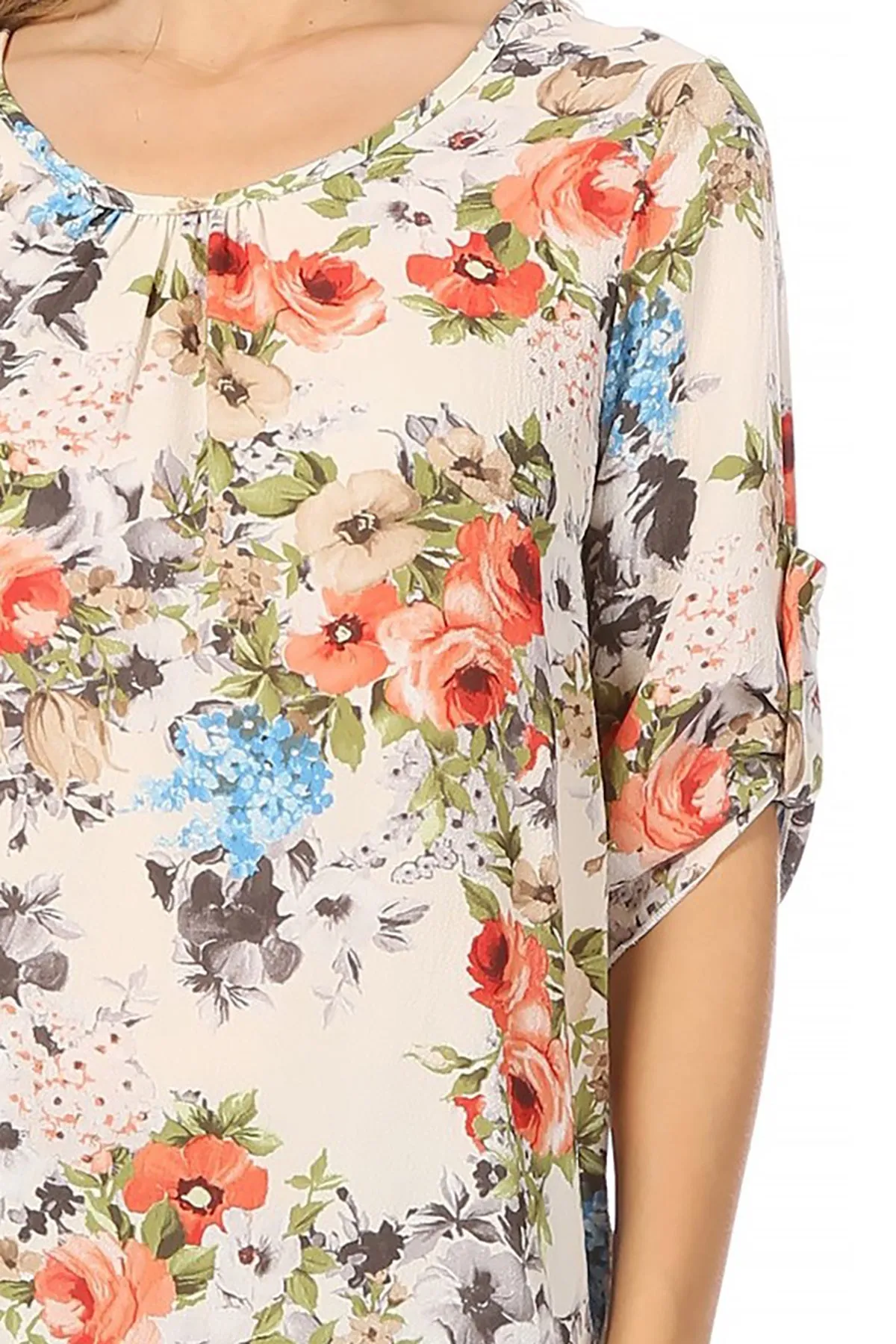 Women's Elegant Floral Print Tunic Casual Round Neck Roll Tab Sleeve Blouse Top
