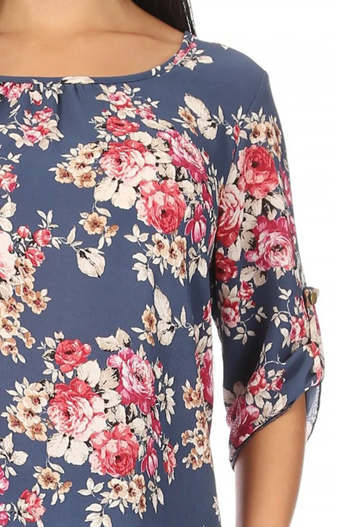 Women's Elegant Floral Print Tunic Casual Round Neck Roll Tab Sleeve Blouse Top