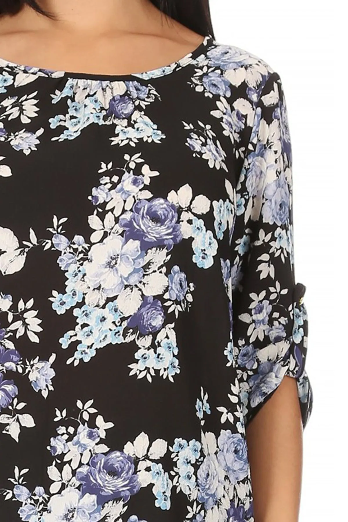 Women's Elegant Floral Print Tunic Casual Round Neck Roll Tab Sleeve Blouse Top
