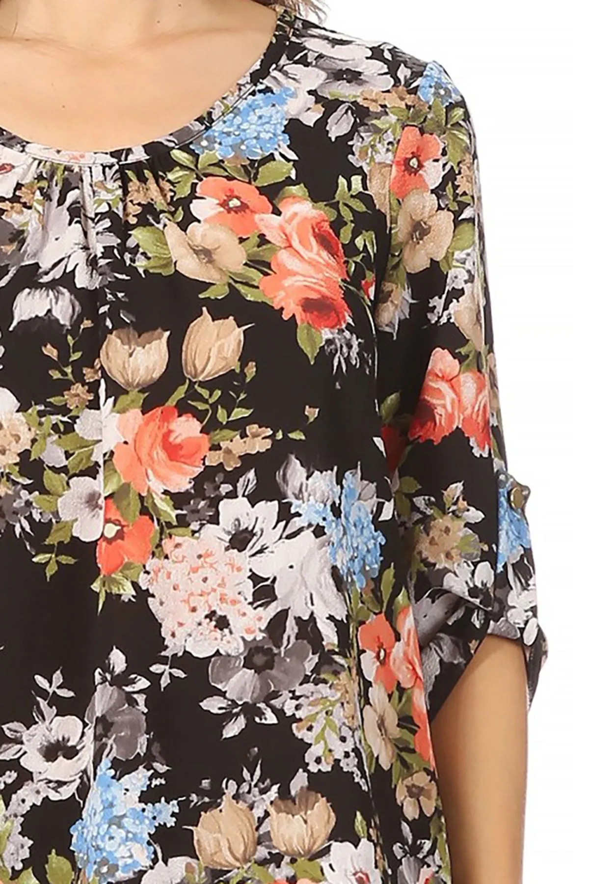 Women's Elegant Floral Print Tunic Casual Round Neck Roll Tab Sleeve Blouse Top