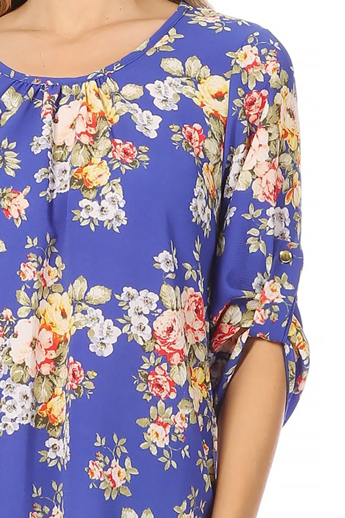 Women's Elegant Floral Print Tunic Casual Round Neck Roll Tab Sleeve Blouse Top