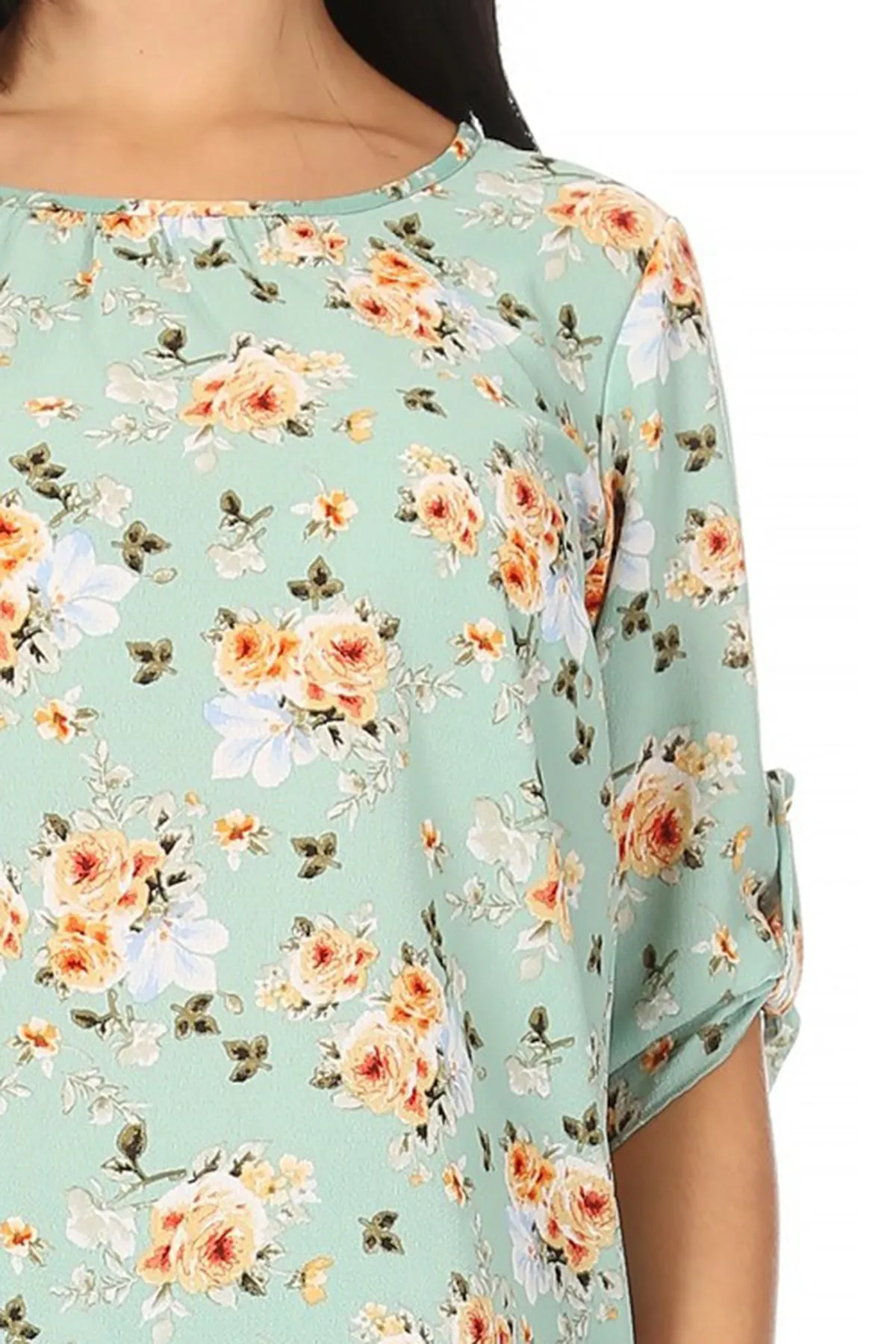 Women's Elegant Floral Print Tunic Casual Round Neck Roll Tab Sleeve Blouse Top