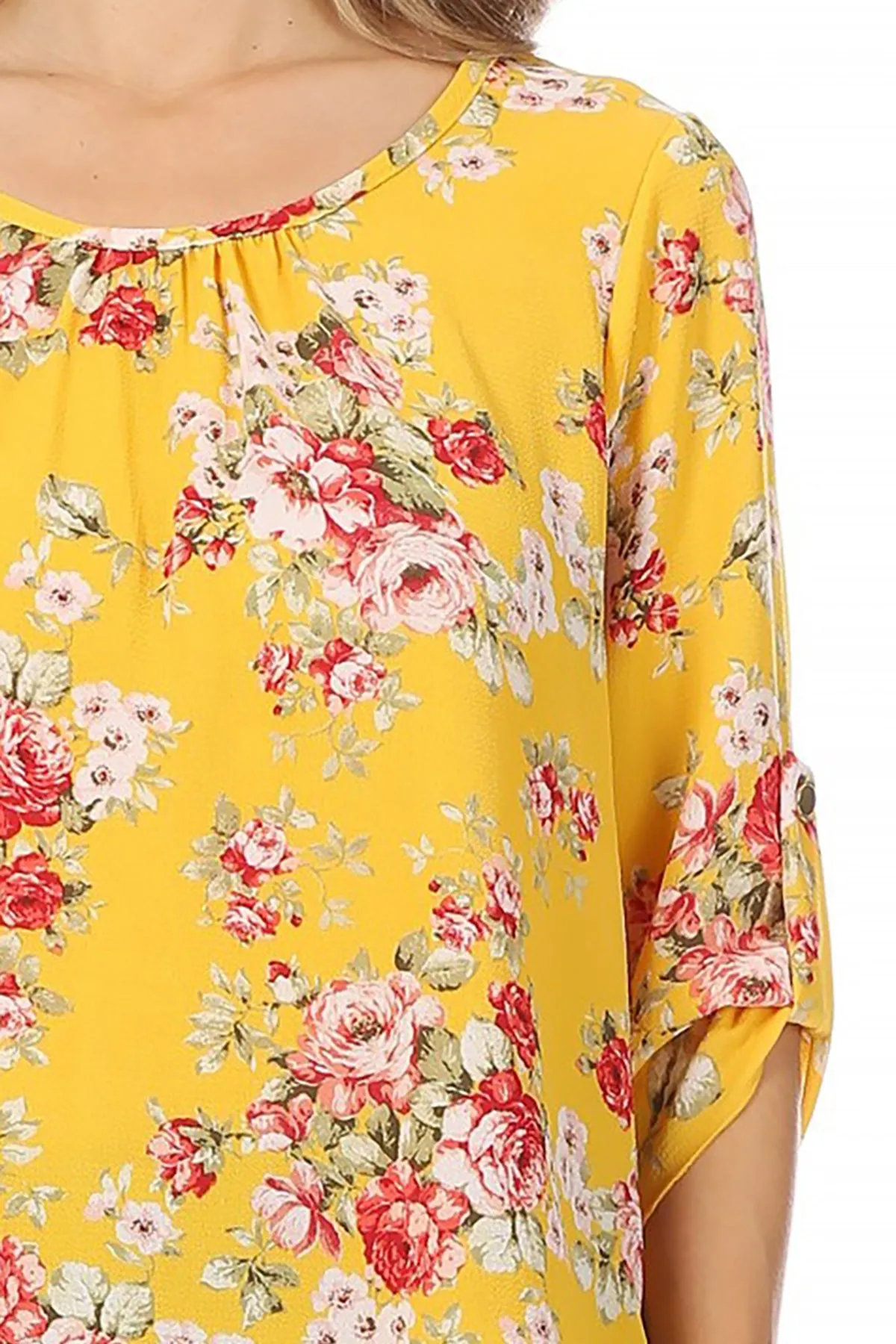 Women's Elegant Floral Print Tunic Casual Round Neck Roll Tab Sleeve Blouse Top