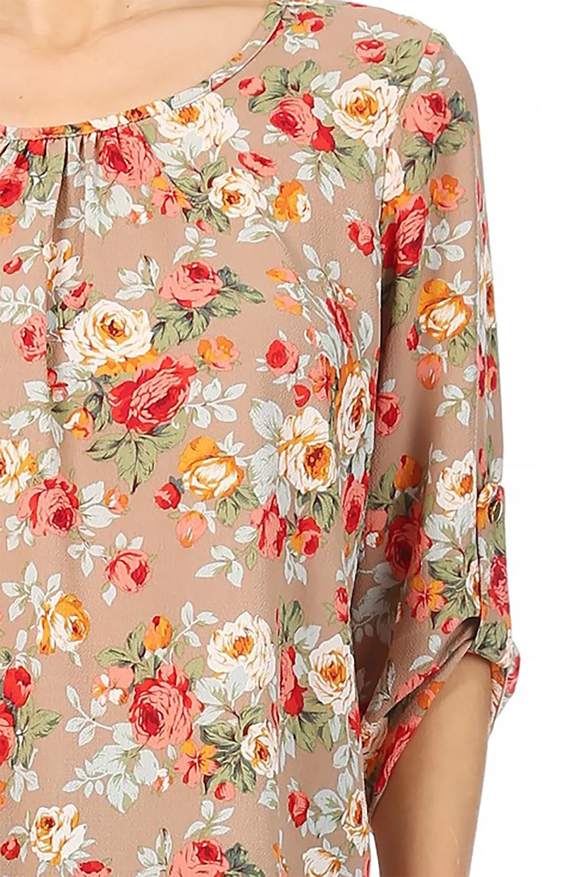 Women's Elegant Floral Print Tunic Casual Round Neck Roll Tab Sleeve Blouse Top