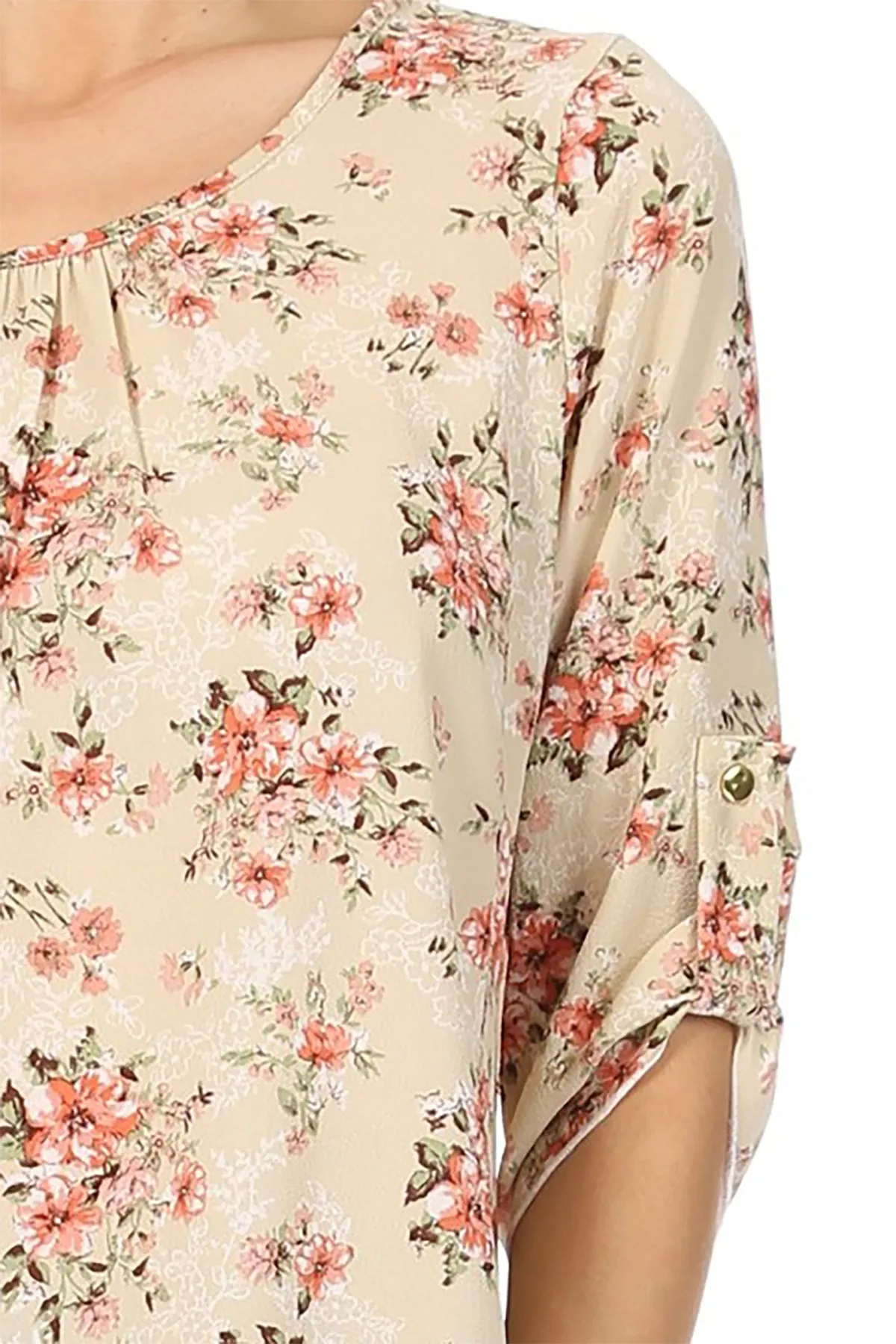 Women's Elegant Floral Print Tunic Casual Round Neck Roll Tab Sleeve Blouse Top