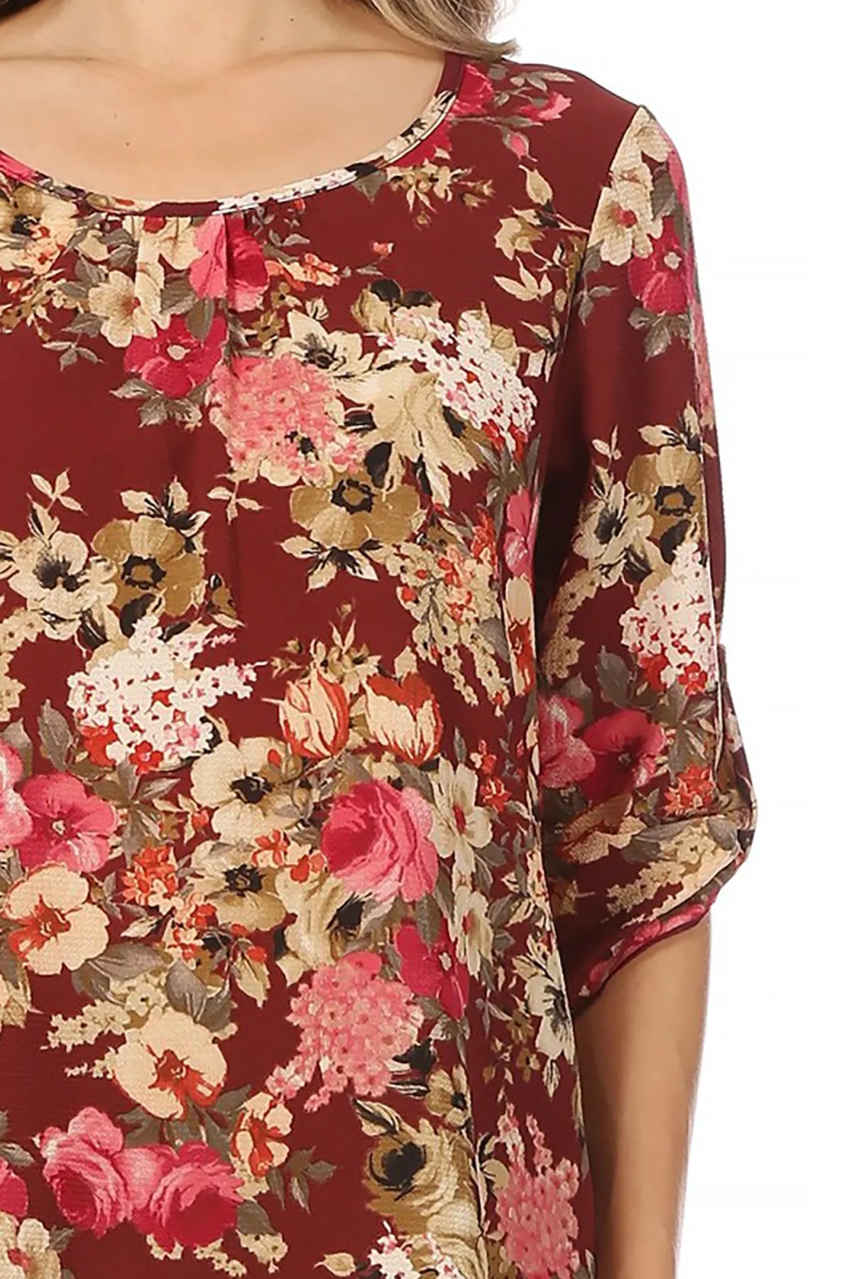 Women's Elegant Floral Print Tunic Casual Round Neck Roll Tab Sleeve Blouse Top
