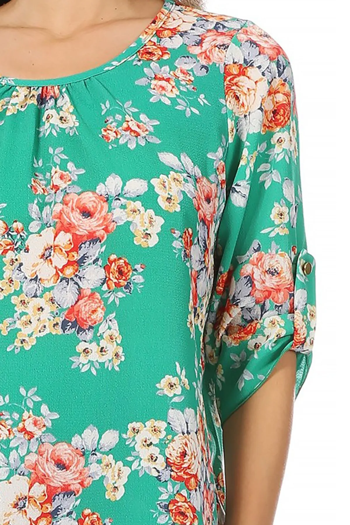 Women's Elegant Floral Print Tunic Casual Round Neck Roll Tab Sleeve Blouse Top
