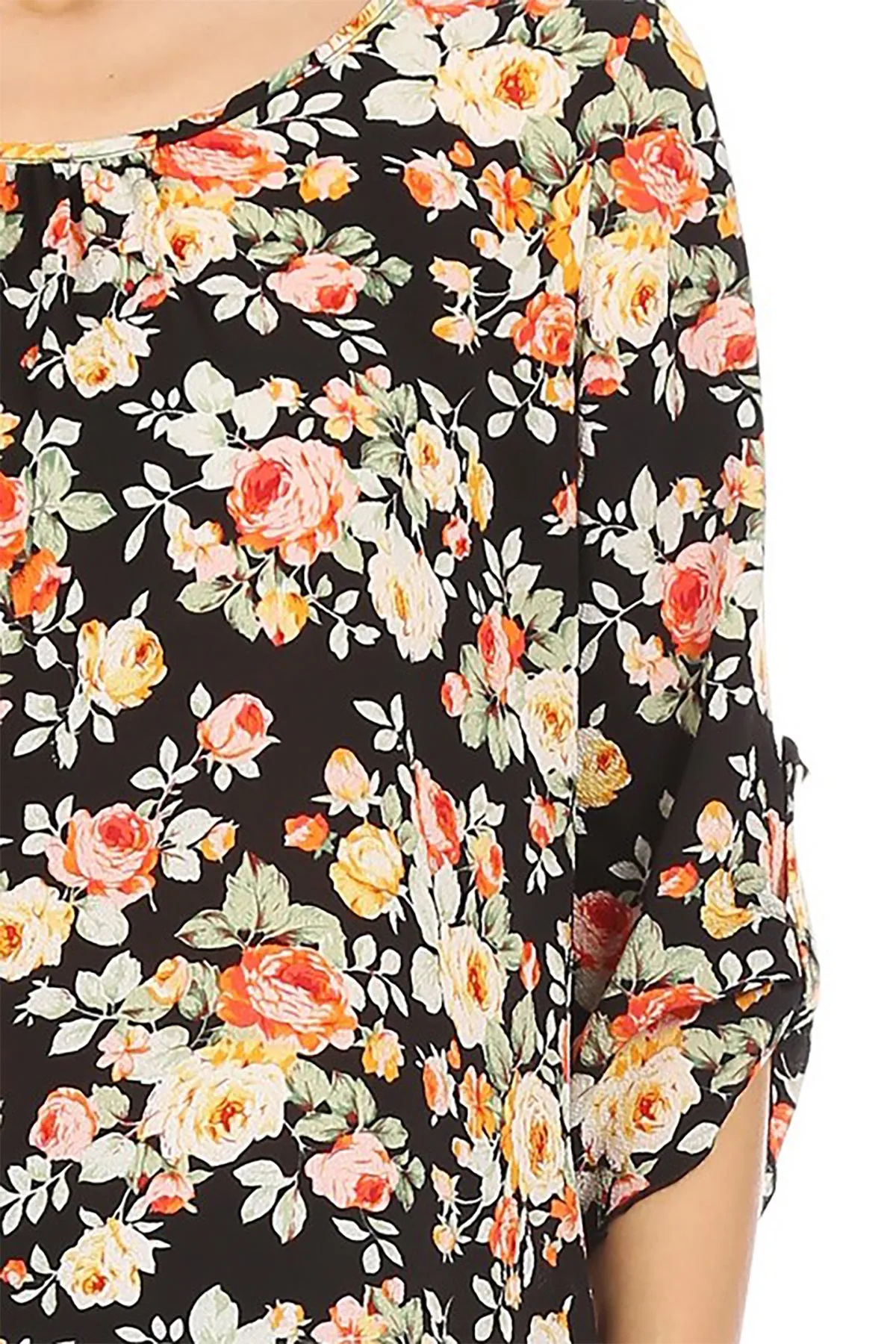 Women's Elegant Floral Print Tunic Casual Round Neck Roll Tab Sleeve Blouse Top