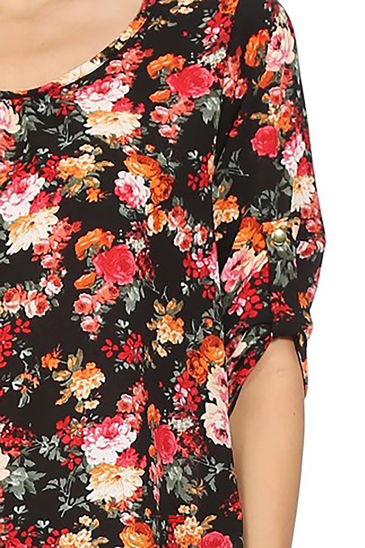 Women's Elegant Floral Print Tunic Casual Round Neck Roll Tab Sleeve Blouse Top