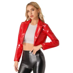 Women's Glossy Leather Jacket Wetlook Blazer with Lapels Short Jacket Latex Leather Long Sleeve Cropped Coat Rave Party Clubwear