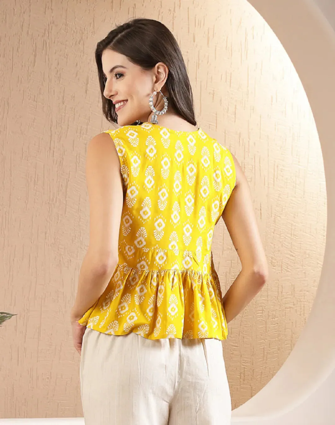Women's Ikat Printed Rayon Peplum Top-TOPGGYELLOWOGGY