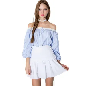 Womens Off Shoulder Lantern Sleeve Striped T-shirt Loose Slim Pleated Button Basic Tops Tees for