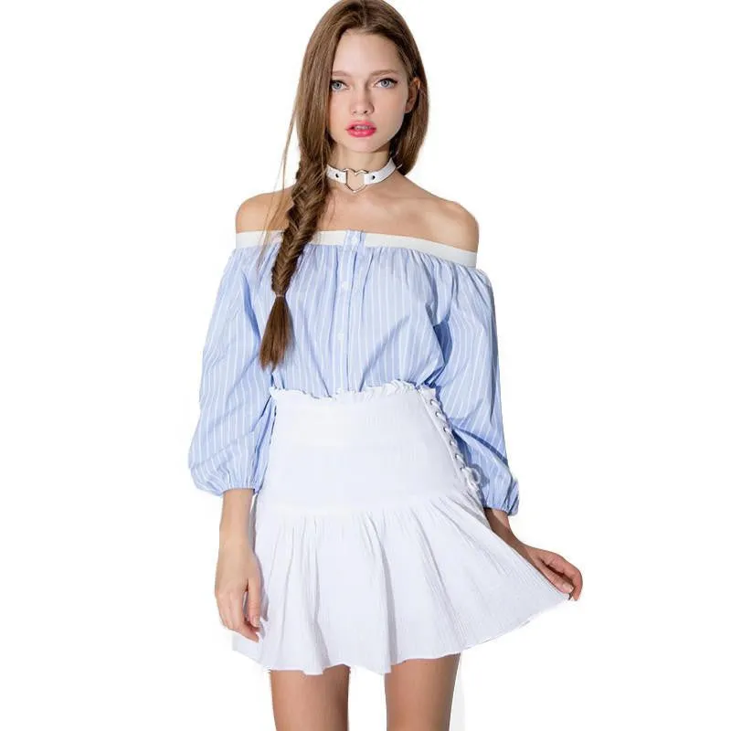 Womens Off Shoulder Lantern Sleeve Striped T-shirt Loose Slim Pleated Button Basic Tops Tees for