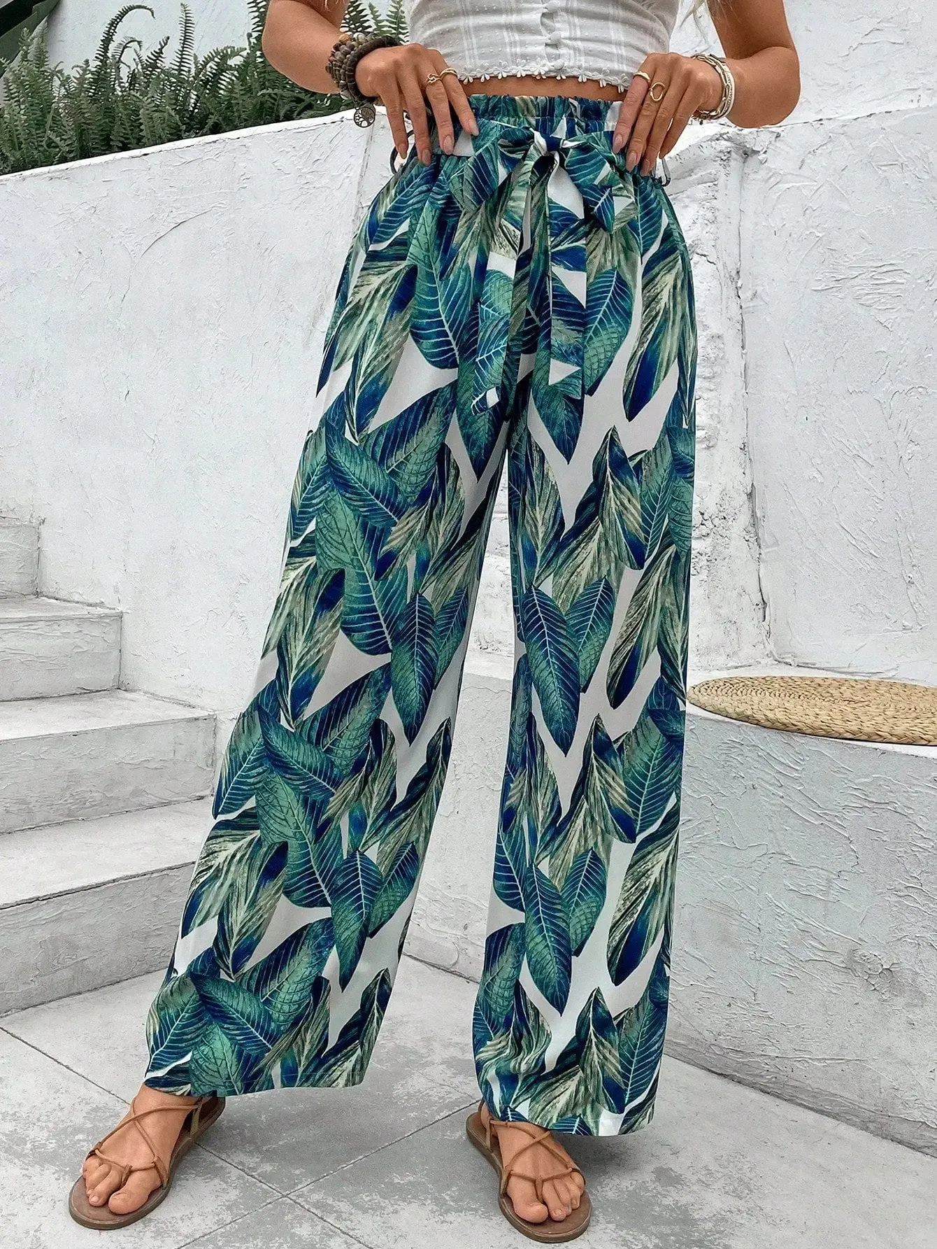 Women's Random Printed Tie-Dye Belt Decorated Long Pants