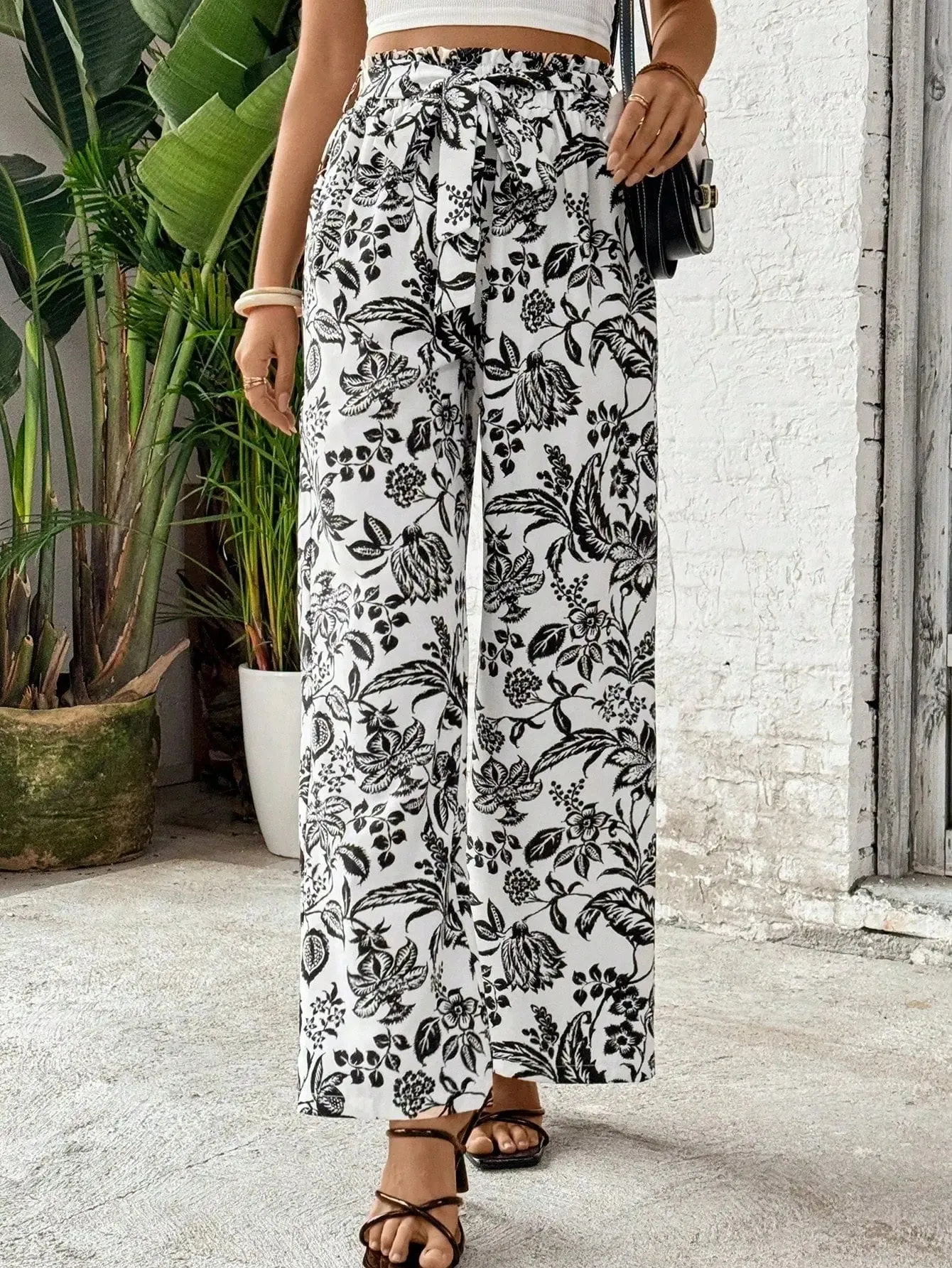 Women's Random Printed Tie-Dye Belt Decorated Long Pants