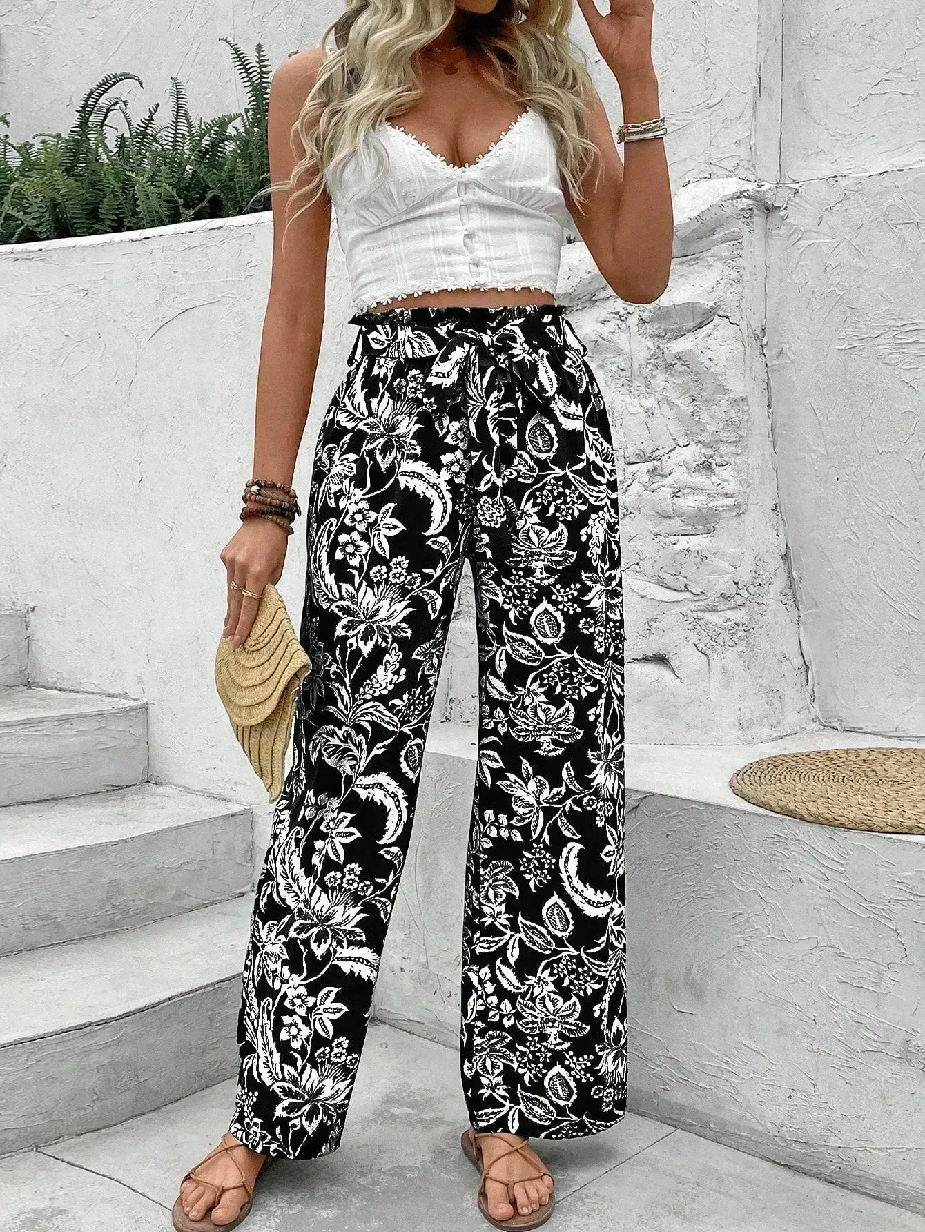 Women's Random Printed Tie-Dye Belt Decorated Long Pants