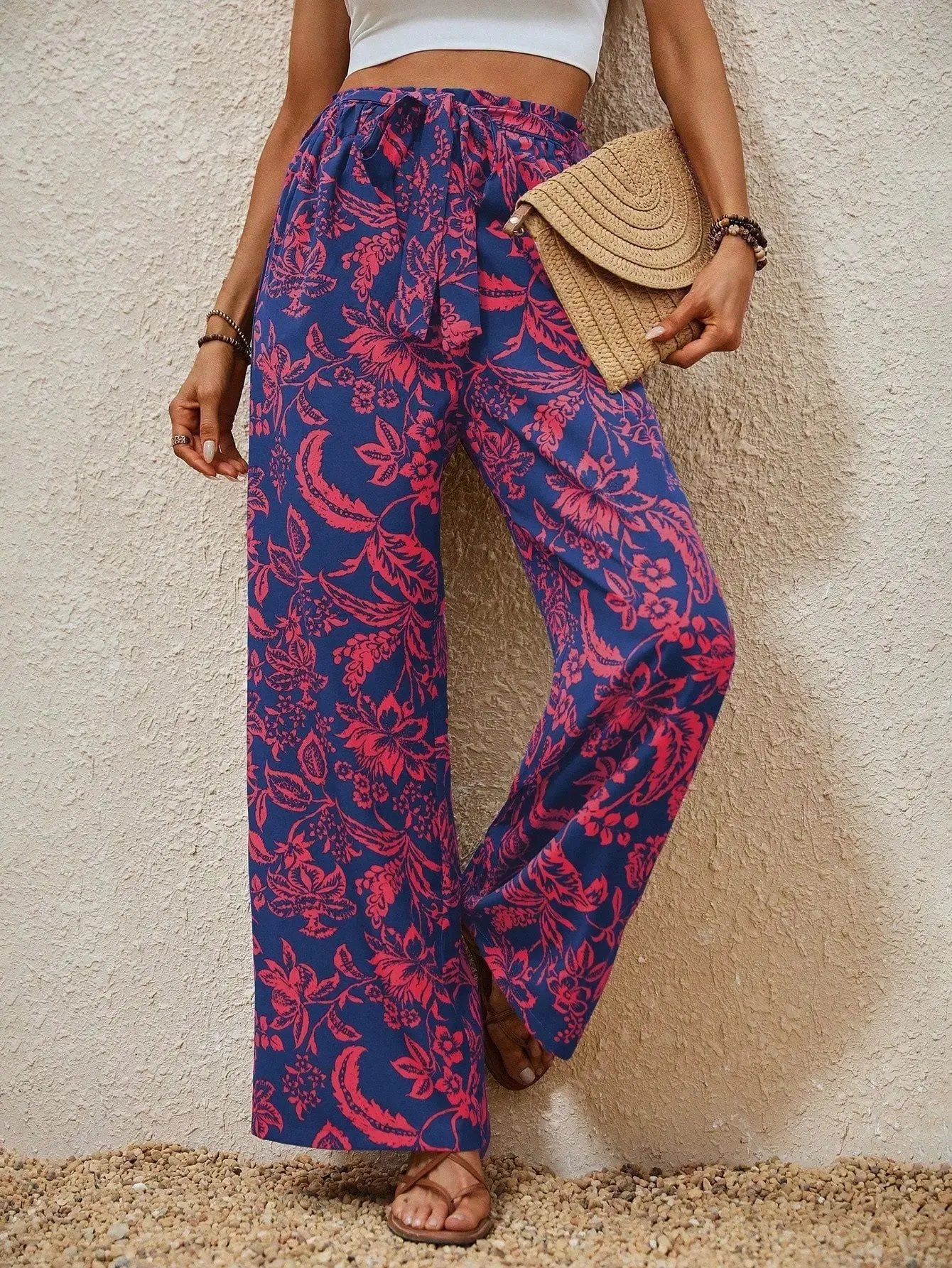 Women's Random Printed Tie-Dye Belt Decorated Long Pants
