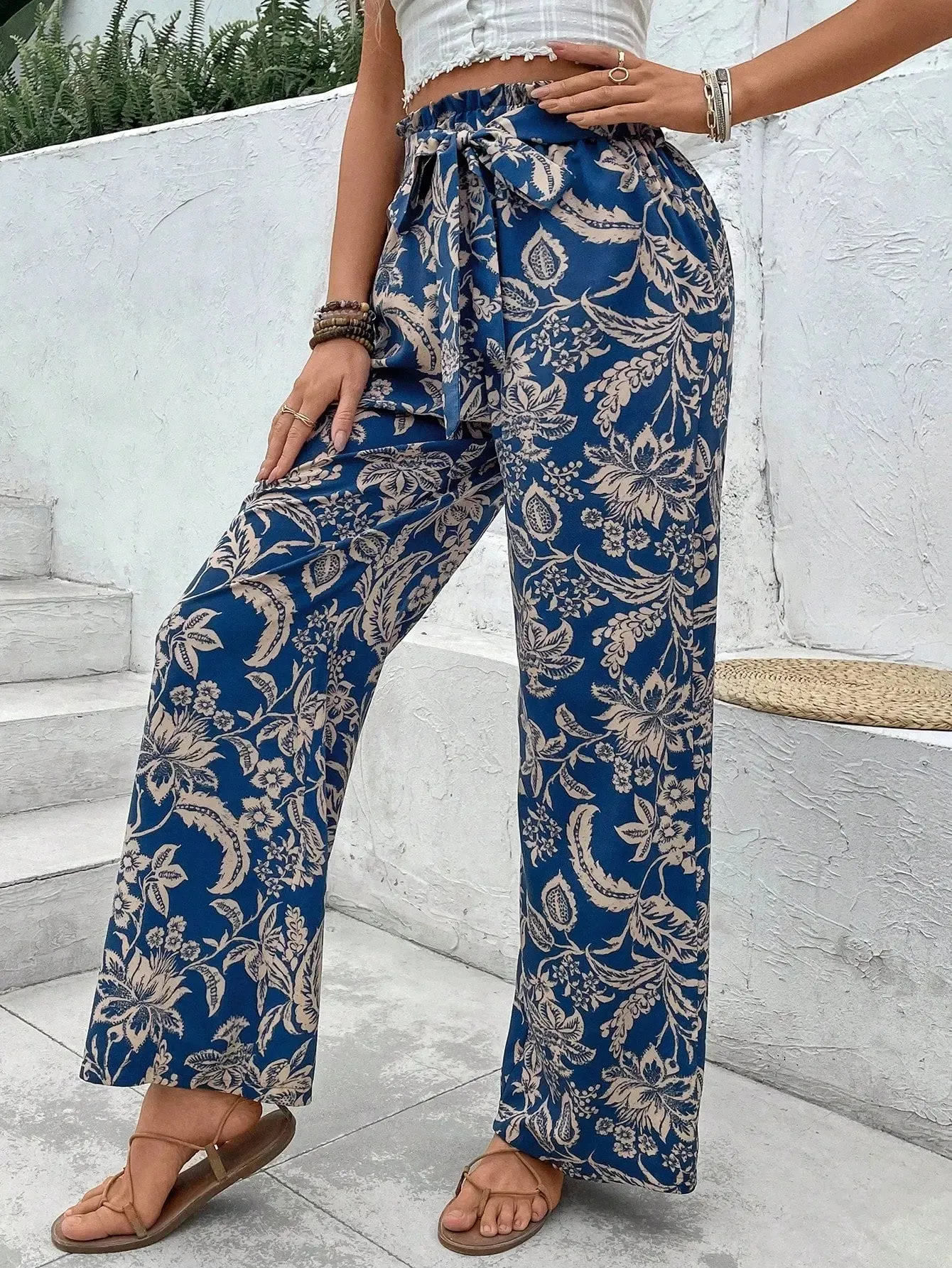 Women's Random Printed Tie-Dye Belt Decorated Long Pants