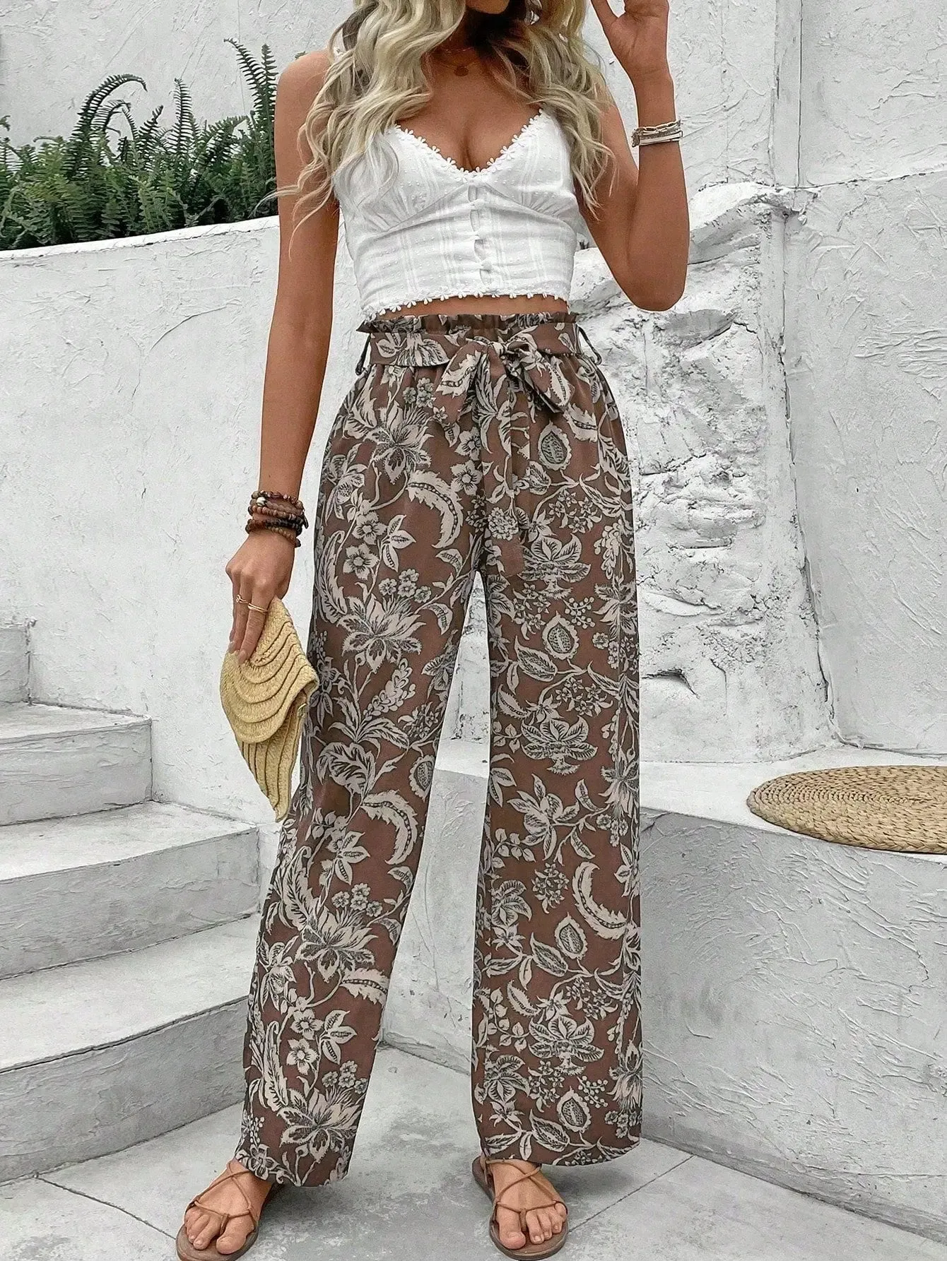 Women's Random Printed Tie-Dye Belt Decorated Long Pants